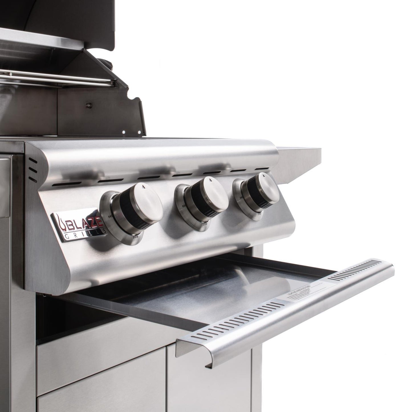 Blaze - BLZ-3LBM-LP - Prelude LBM 25-Inch 3-Burner Built-In Propane Gas Grill - Drip Tray Pulled Out (Shown On Cart Model)