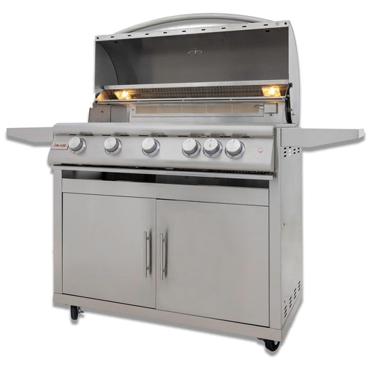 Blaze BLZ-5LTE3 Premium LTE+ 40-Inch 5-Burner Gas Grill With Rear Infrared Burner & Lift-Assist Hood - Angled on Cart - White Background