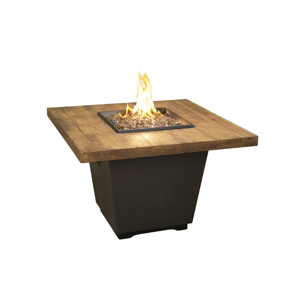 American Fyre Designs Cosmopolitan 36-Inch Square Chat Height Propane Fire Table in Black Lava Base with Reclaimed French Barrel Oak Top - 640-BA-FO-M2PC
