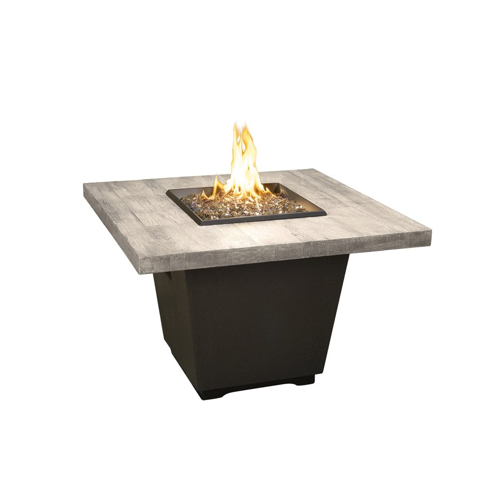 American Fyre Designs Cosmopolitan 36-Inch Square Chat Height Natural Gas Fire Table in Black Lava Base with Reclaimed Silver Pine Top - 640-BA-SP-M2NC