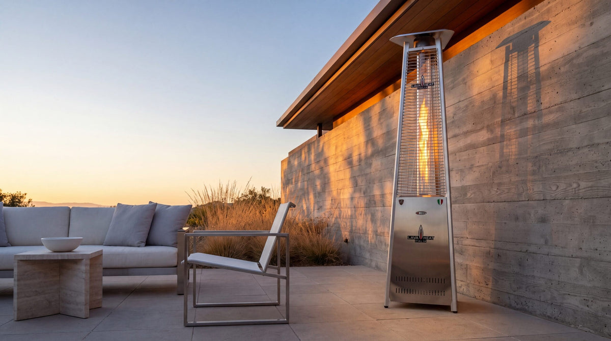 Lava Heat Italia 2G Flame Tower patio heater in Stainless Steel – outdoor setting