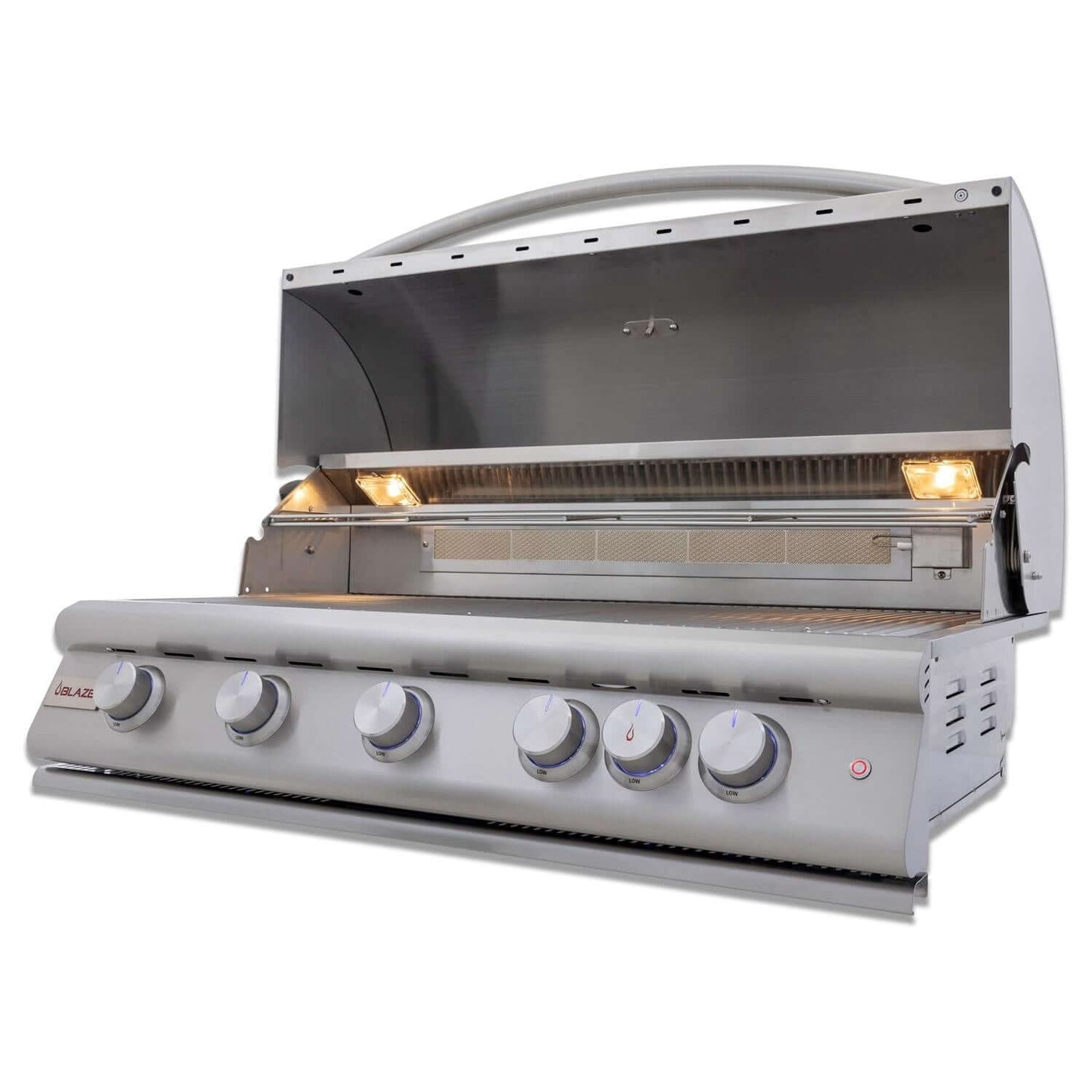 Blaze BLZ-5LTE3 Premium LTE+ 40-Inch 5-Burner Built-In Gas Grill With Rear Infrared Burner & Lift-Assist Hood - Angled View - Open
