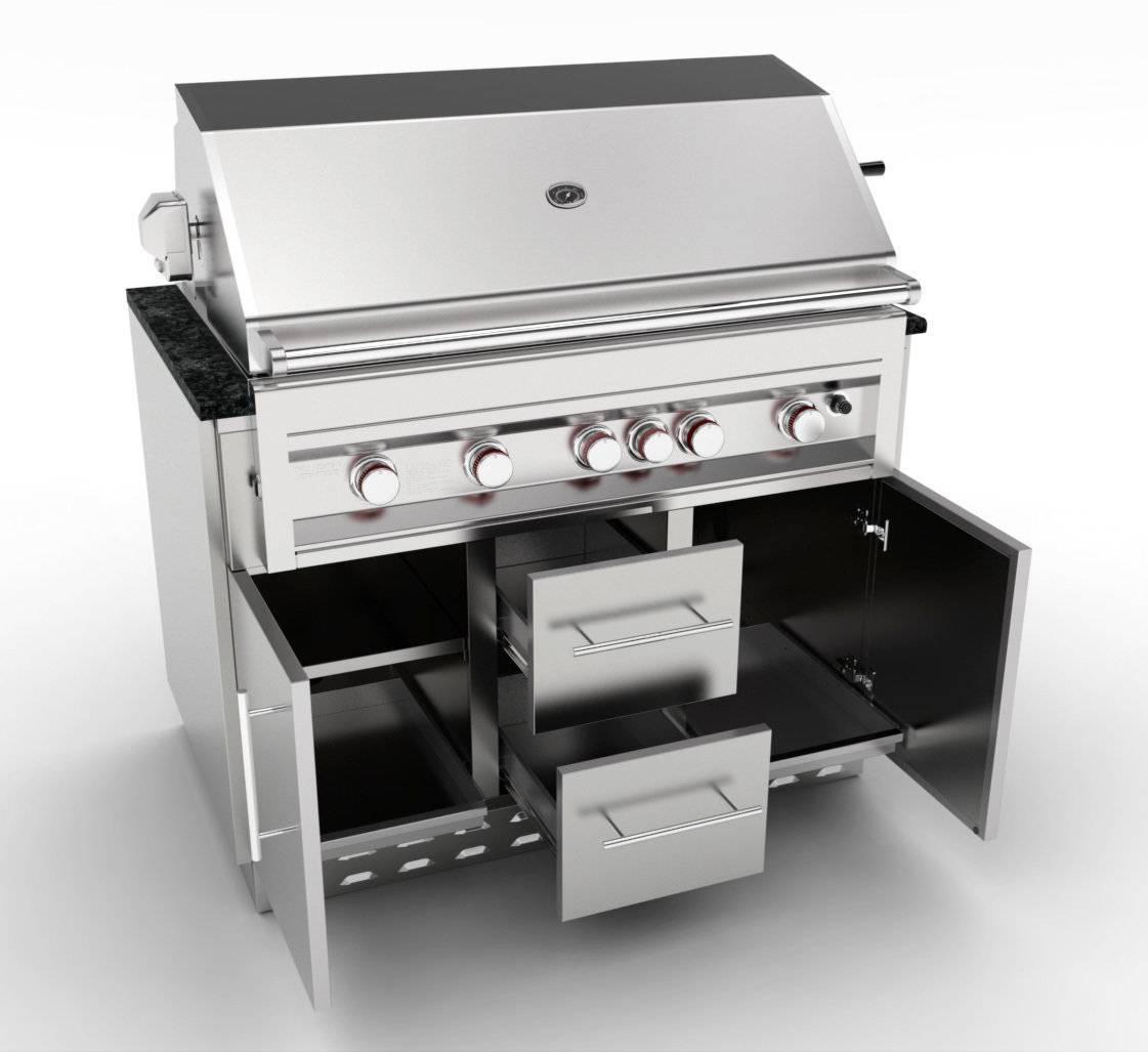 Sunstone 46″ Gas Grill Base Cabinet – SAC46GLPCD - Door & Drawers Open Grill On It