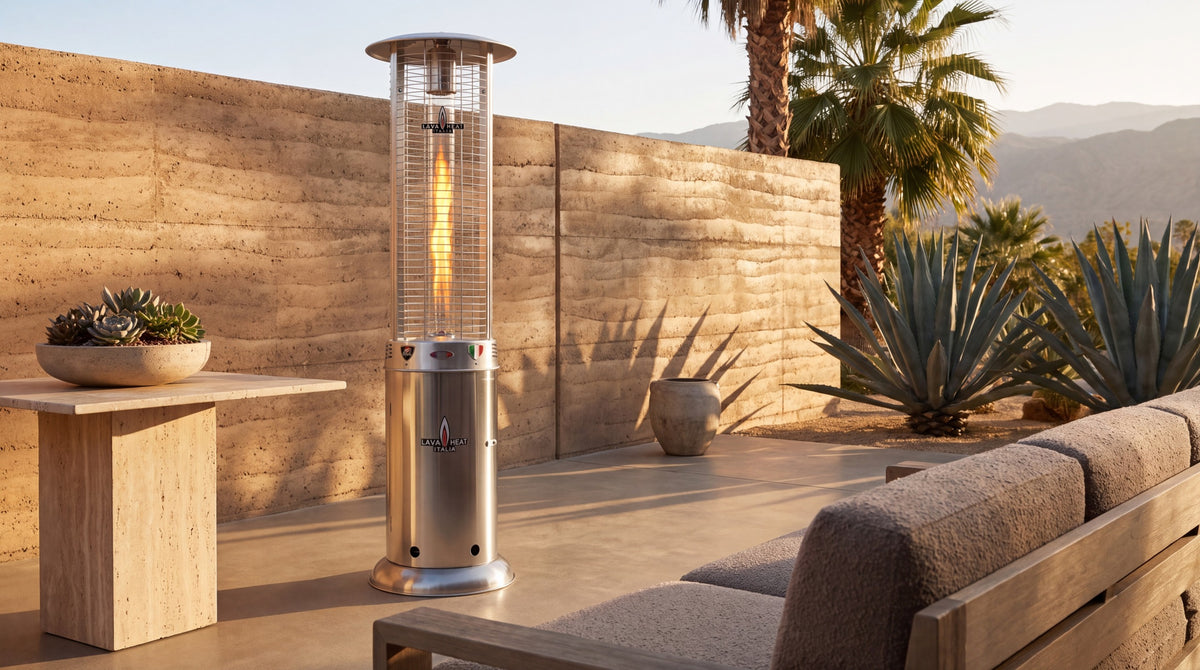 Lava Heat Italia Opus Lite patio heater in Stainless Steel – outdoor setting