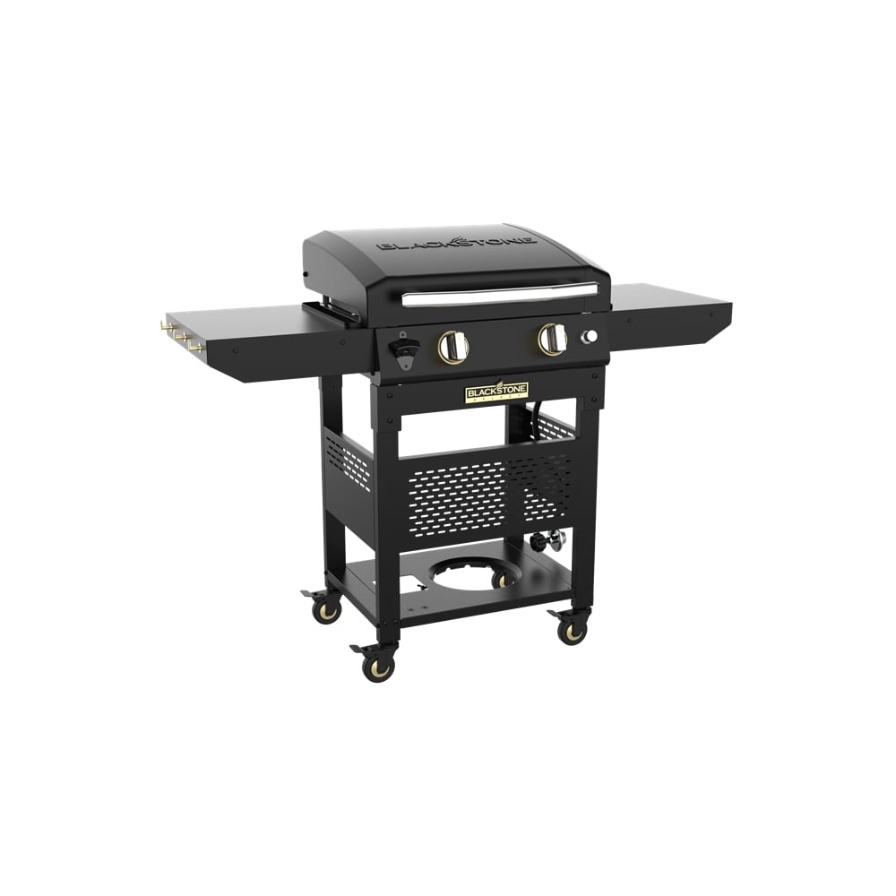 Blackstone Select 22-inch black griddle with hood, shown with hood closed and side shelves up