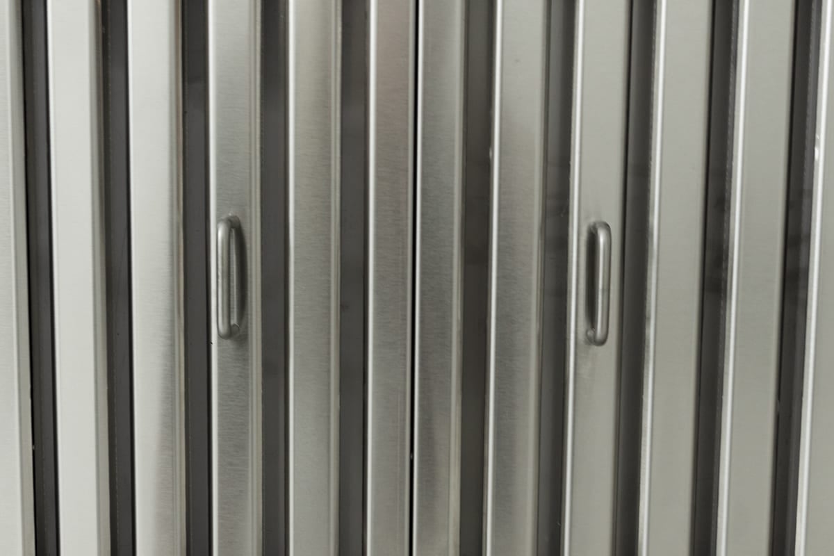 Blaze 48-inch outdoor vent hood (2026 model), stainless baffle filter close-up