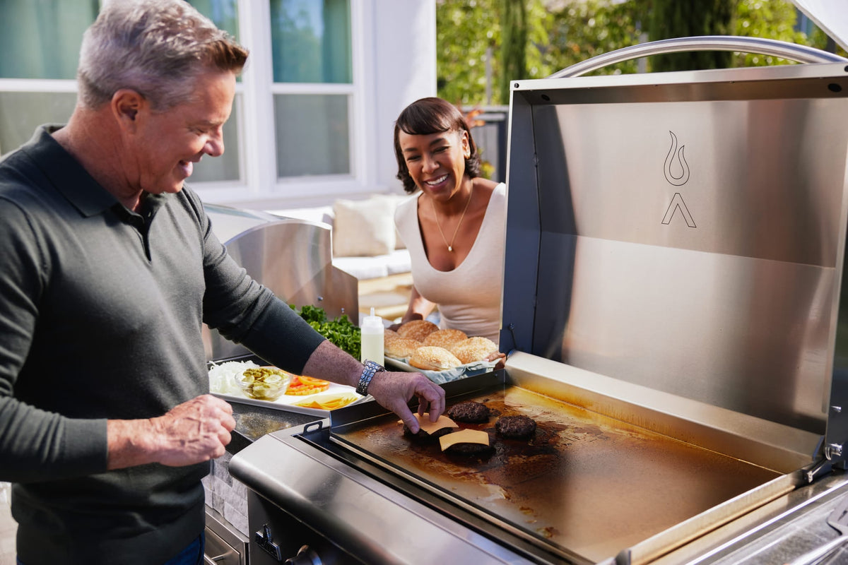 Blaze LTE+ 30-inch built-in gas griddle, cooking on the griddle outdoors