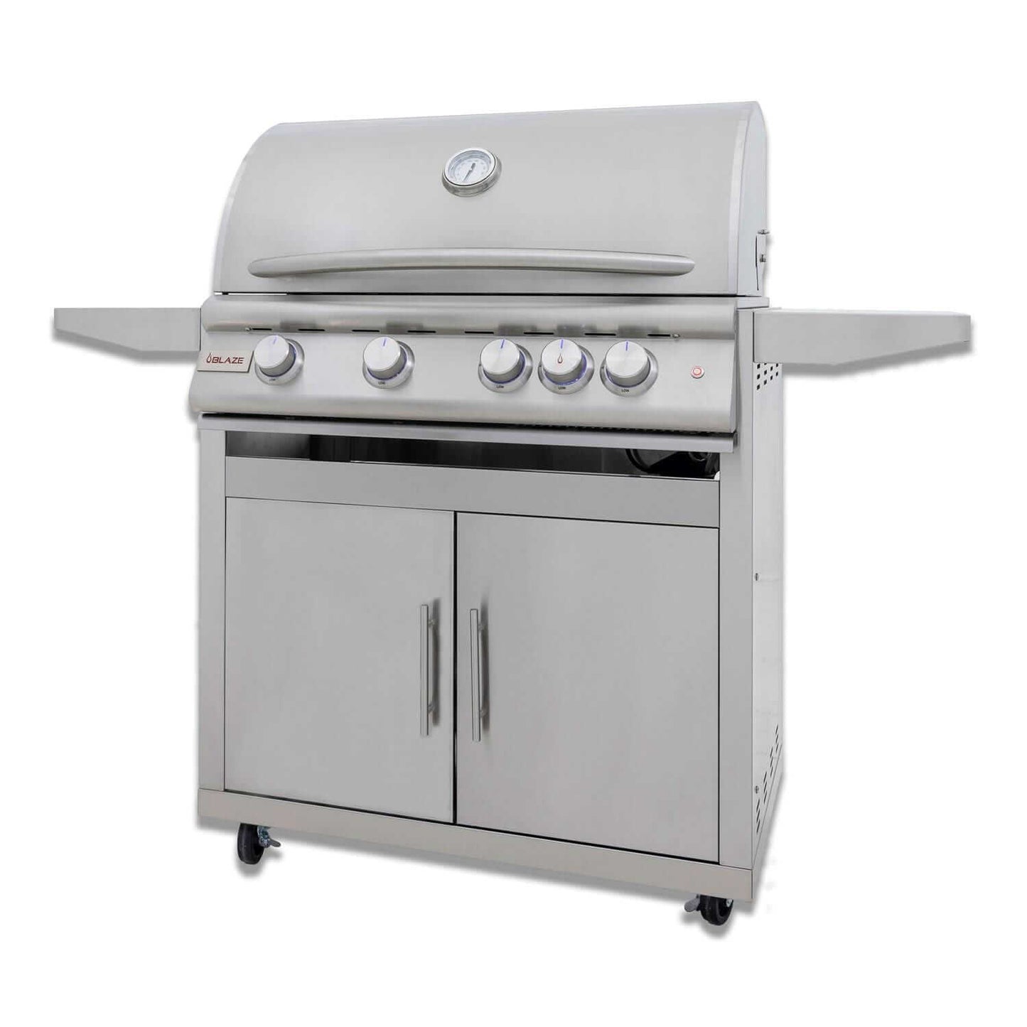Blaze BLZ-4LTE3- Premium LTE+ 32-Inch 4-Burner Grill With Rear Infrared Burner & Lift-Assist Hood - Angled on Cart - White Background
