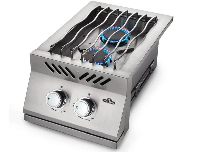Napoleon Built-In 500 Series Inline Dual Range Top Burner with Stainless Steel Cover - BI12RTSS - Angled View Burners On
