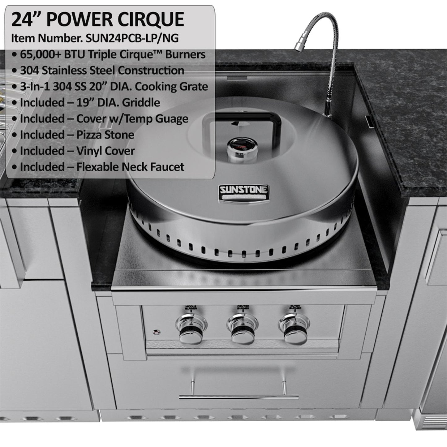 Sunstone Grills SCPHILLCOUNTRY13.6 Hill Country 13 1/2 Ft Outdoor Kitchen Island w/ Grill & Side Burner, Sink, Refrigerator, Door & Drawer – Power Cirque w/ Lid – Detail