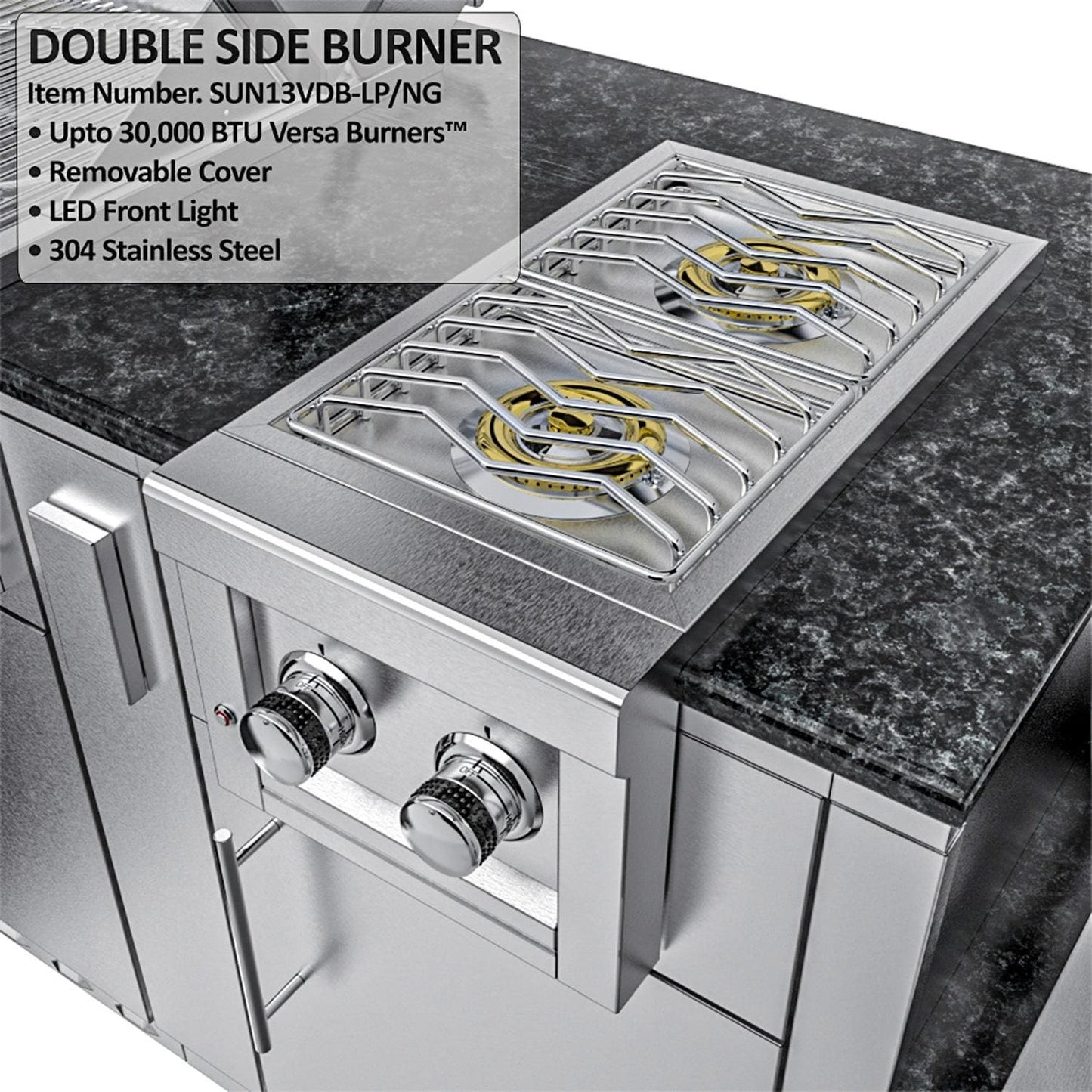 Sunstone Grills SCPHILLCOUNTRY13.6 Hill Country 13 1/2 Ft Outdoor Kitchen Island w/ Grill & Side Burner, Sink, Refrigerator, Door & Drawer – Side Burner – Detail
