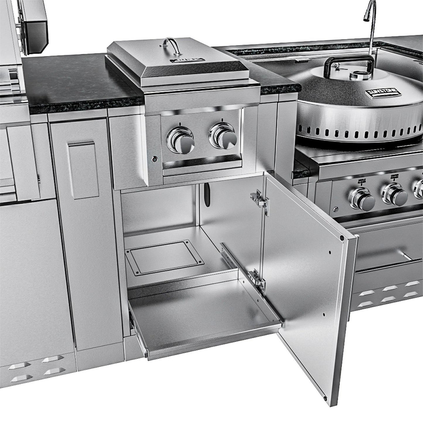 Sunstone Grills SCPHILLCOUNTRY13.6 Hill Country 13 1/2 Ft Outdoor Kitchen Island w/ Grill & Side Burner, Sink, Refrigerator, Door & Drawer – Cabinet – Detail