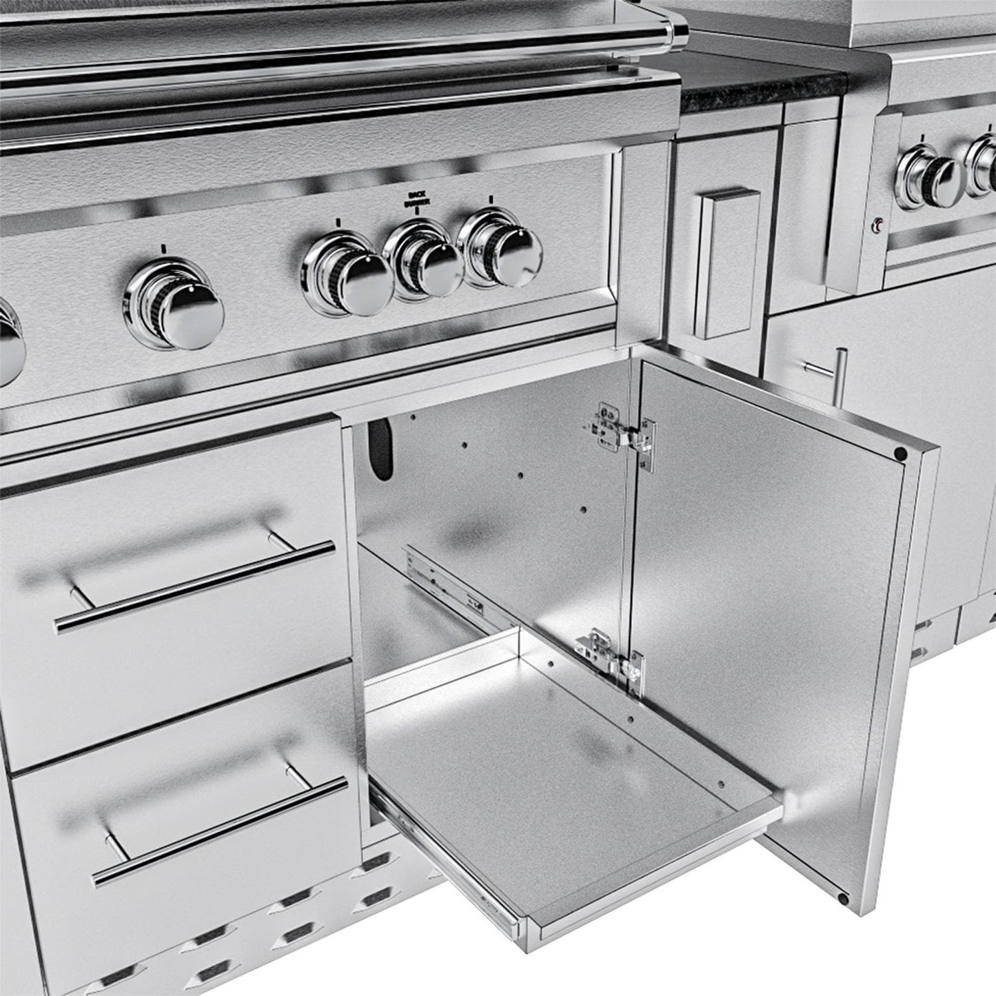 Sunstone Grills SCPHILLCOUNTRY13.6 Hill Country 13 1/2 Ft Outdoor Kitchen Island w/ Grill & Side Burner, Sink, Refrigerator, Door & Drawer – Propane Pull Out – Detail