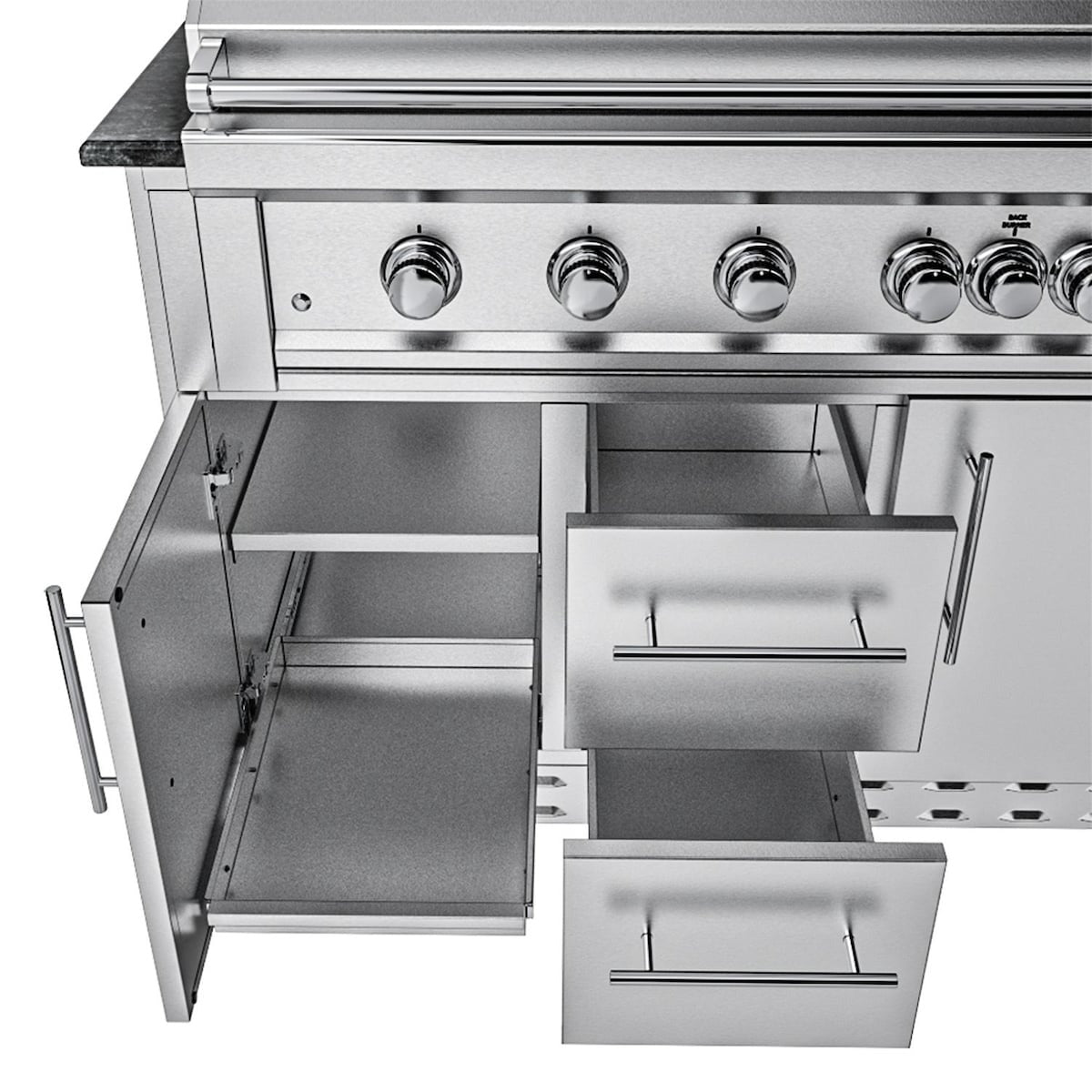 Sunstone Grills SCPHILLCOUNTRY13.6 Hill Country 13 1/2 Ft Outdoor Kitchen Island w/ Grill & Side Burner, Sink, Refrigerator, Door & Drawer – Double Drawer & Door – Detail