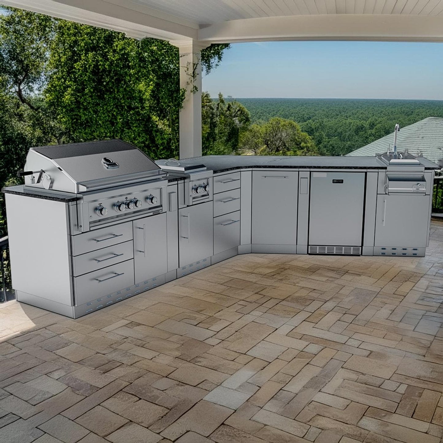 Sunstone Grills SCPSAVANNA16 Savanna 16 Ft Outdoor Kitchen Island w/ Grill & Side Burner, Sink, Refrigerator, Trash Bin, Door & Drawer - On the Patio - Lifestyle