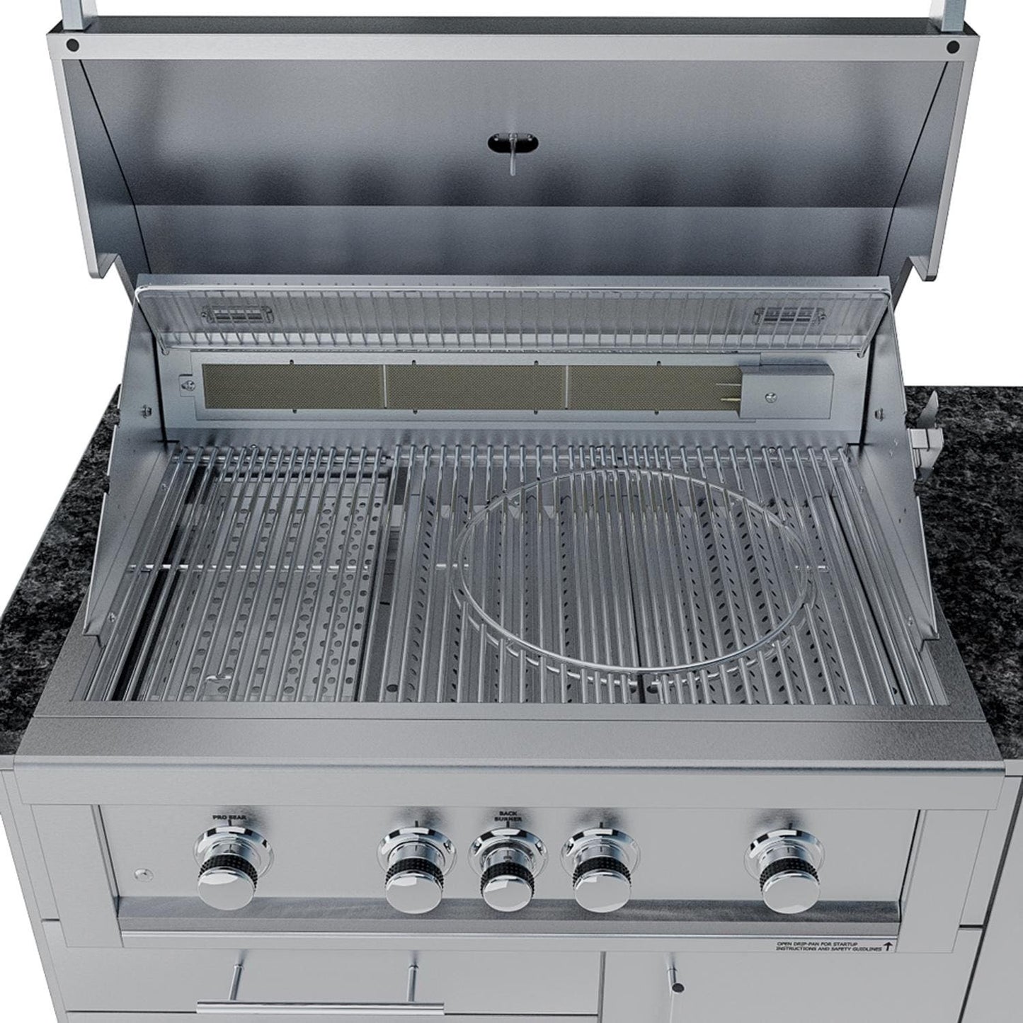 Sunstone Grills SCPSAVANNA16 Savanna 16 Ft Outdoor Kitchen Island w/ Grill & Side Burner, Sink, Refrigerator, Trash Bin, Door & Drawer - Grill Open Front - Detail
