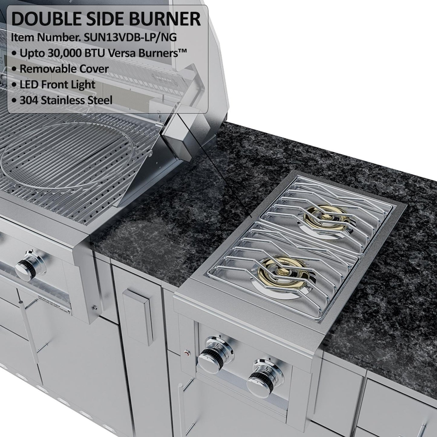 Sunstone Grills SCPSAVANNA16 Savanna 16 Ft Outdoor Kitchen Island w/ Grill & Side Burner, Sink, Refrigerator, Trash Bin, Door & Drawer - Side Burner - Detail