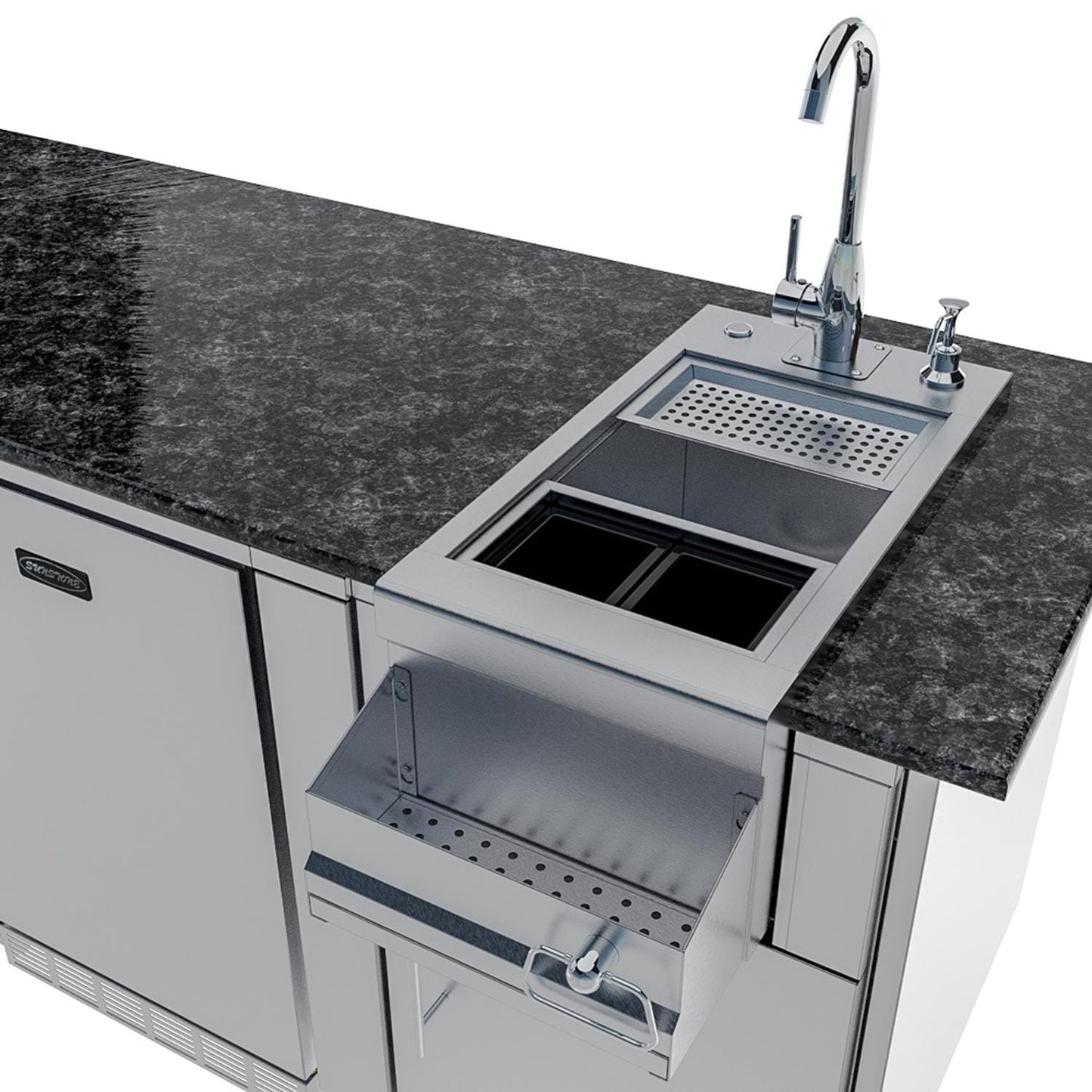Sunstone Grills SCPSAVANNA16 Savanna 16 Ft Outdoor Kitchen Island w/ Grill & Side Burner, Sink, Refrigerator, Trash Bin, Door & Drawer - Sink - Detail