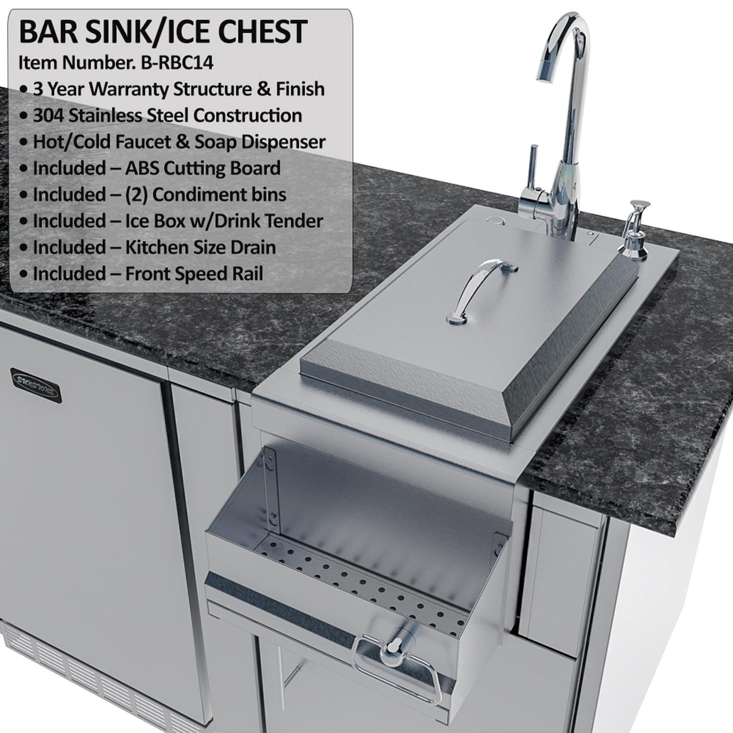 Sunstone Grills SCPSAVANNA16 Savanna 16 Ft Outdoor Kitchen Island w/ Grill & Side Burner, Sink, Refrigerator, Trash Bin, Door & Drawer - Sink w/ Lid - Detail