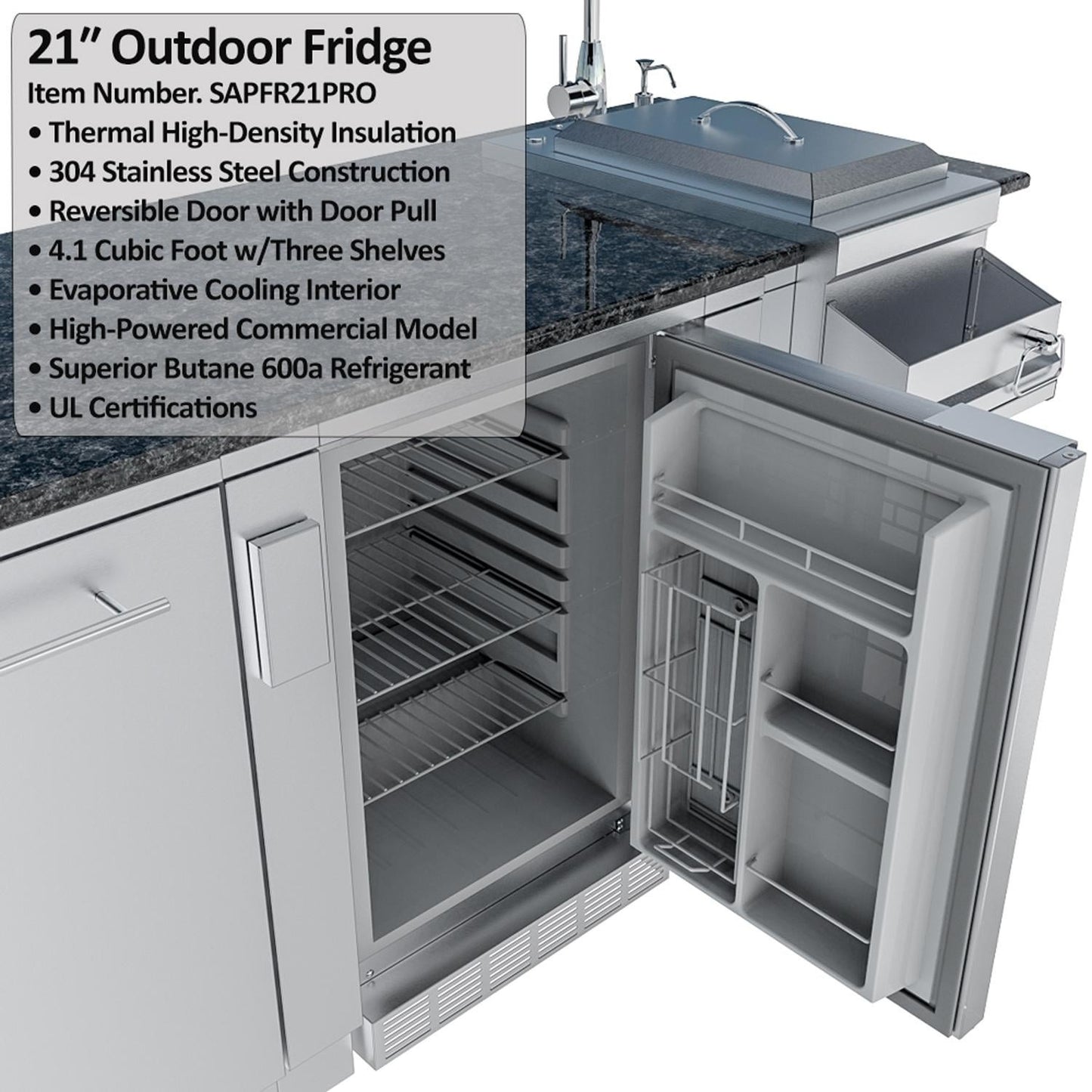 Sunstone Grills SCPSAVANNA16 Savanna 16 Ft Outdoor Kitchen Island w/ Grill & Side Burner, Sink, Refrigerator, Trash Bin, Door & Drawer - Refrigerator - Detail