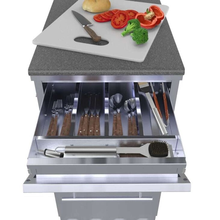 Sunstone 18″Combo Paper Towel Holder/Cutlery Drawer with Cutting Board & Insulated Ice Chest Dry Storage Drawer with Drain – SBC18DPIC - Cutlery On It