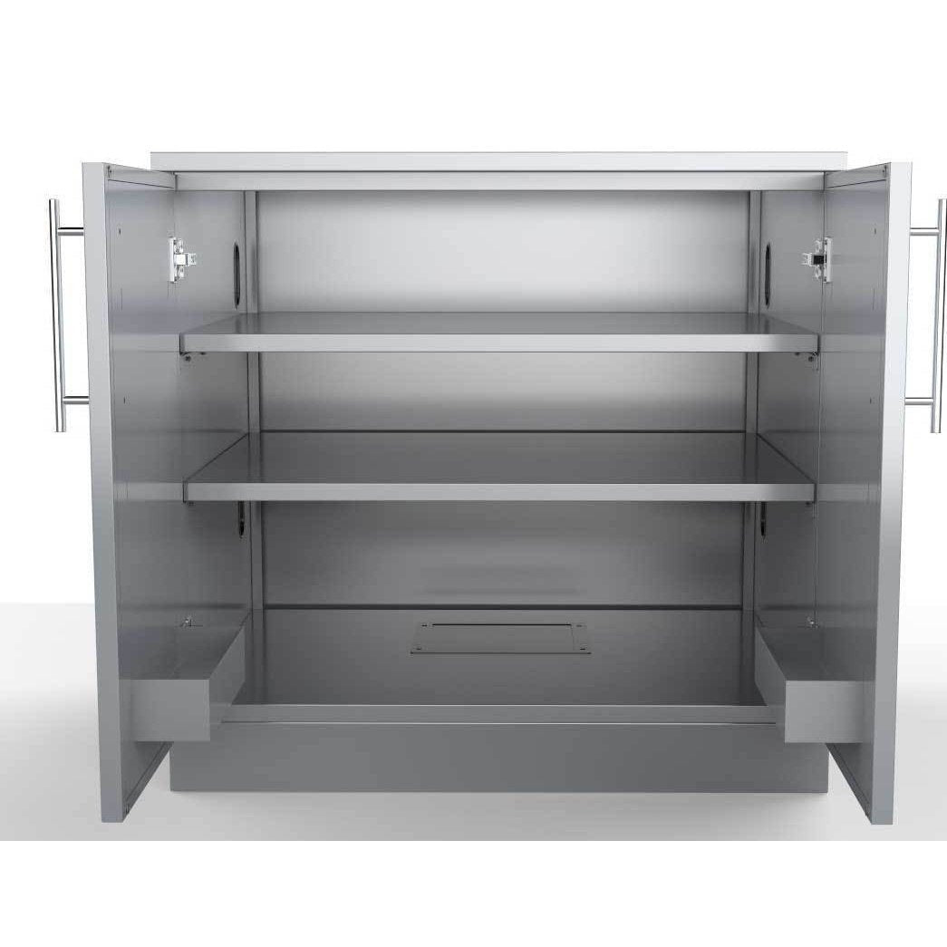 Sunstone 36″ Full Height Double Door Base Cabinet w/Two Shelves & Door Pockets SBC36FDD - Doors Open