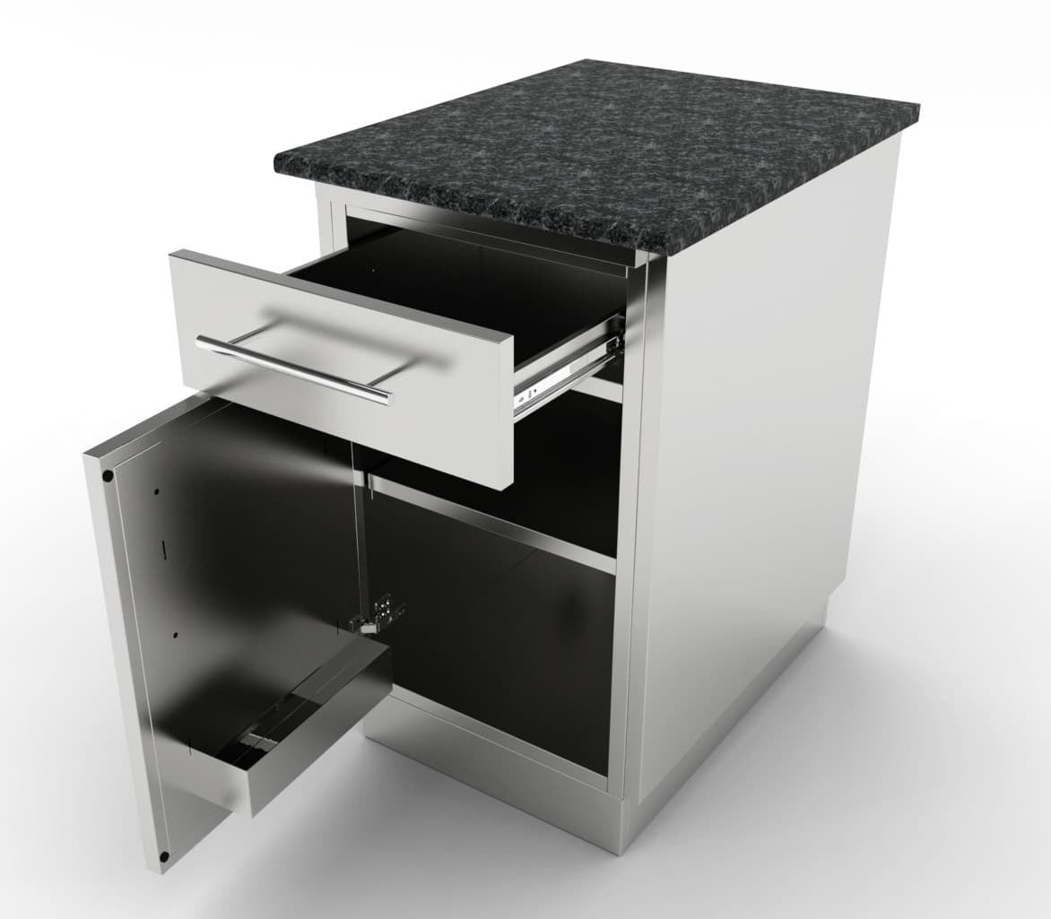 Sunstone 18″ Left Swing Door Cabinet w/Top Drawer & Shelf – SBC18CSDL - Angled Open Door & Drawer