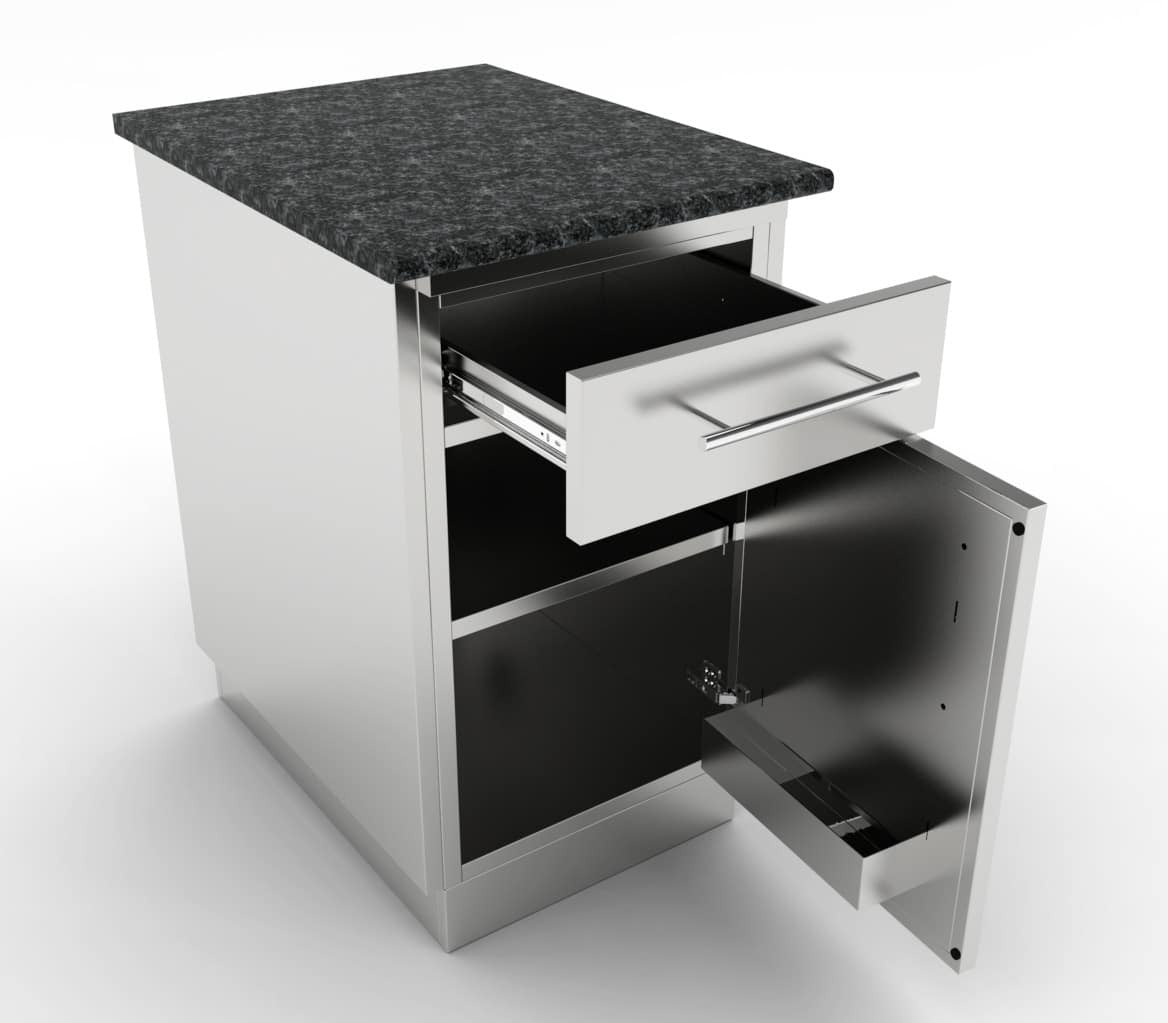 Sunstone 18″ Left Swing Door Cabinet w/Top Drawer & Shelf – SBC18CSDR - Door and Drawer Open