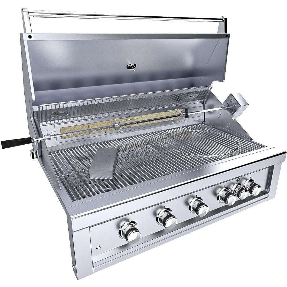 Sunstone Ruby5BIR Ruby 42-Inch 5-Burner Built-In Grill W/ Pro-Sear & Rotisserie - Hood Open