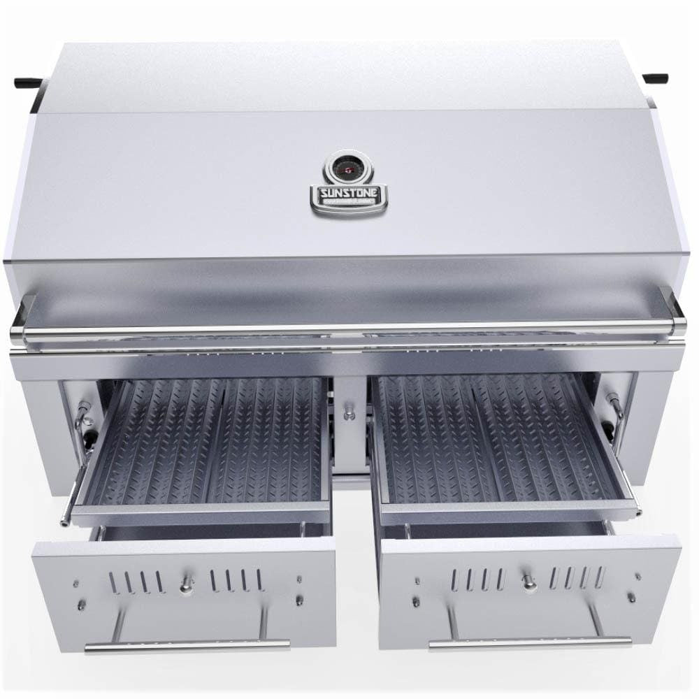 Sunstone EMCHDZ42 Series 42 Inch Hybrid Dual Zone Charcoal/Wood Burning Grill - Front Drawers Open