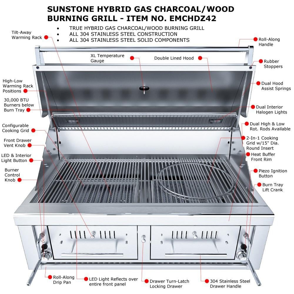 Sunstone EMCHDZ42 Series 42 Inch Hybrid Dual Zone Charcoal/Wood Burning Grill - Parts Listing