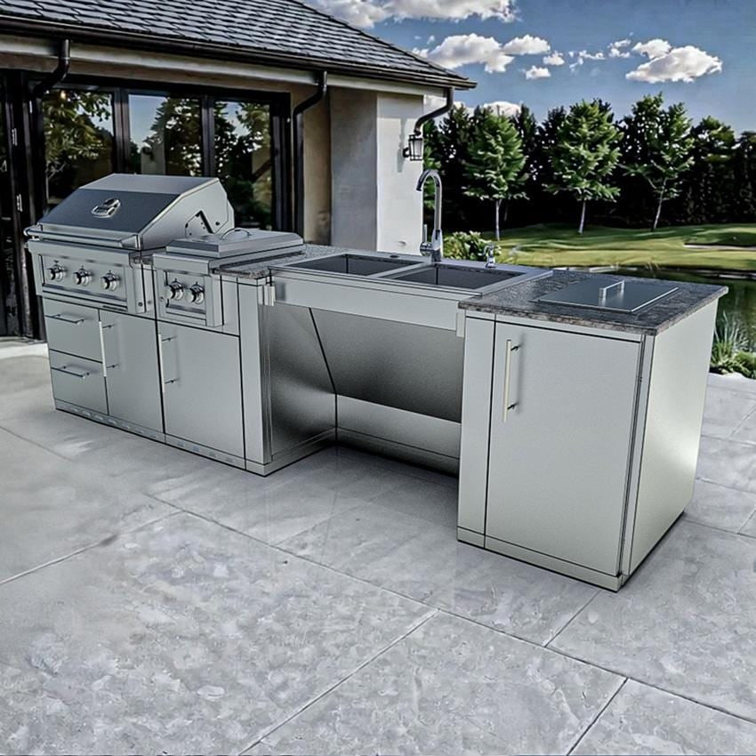 Sunstone Grills SCPSUMMIT10 Summit 10 Ft Outdoor Kitchen Island Grill & Side Burner, Sink, Door & Drawer - On Patio - Lifestyle