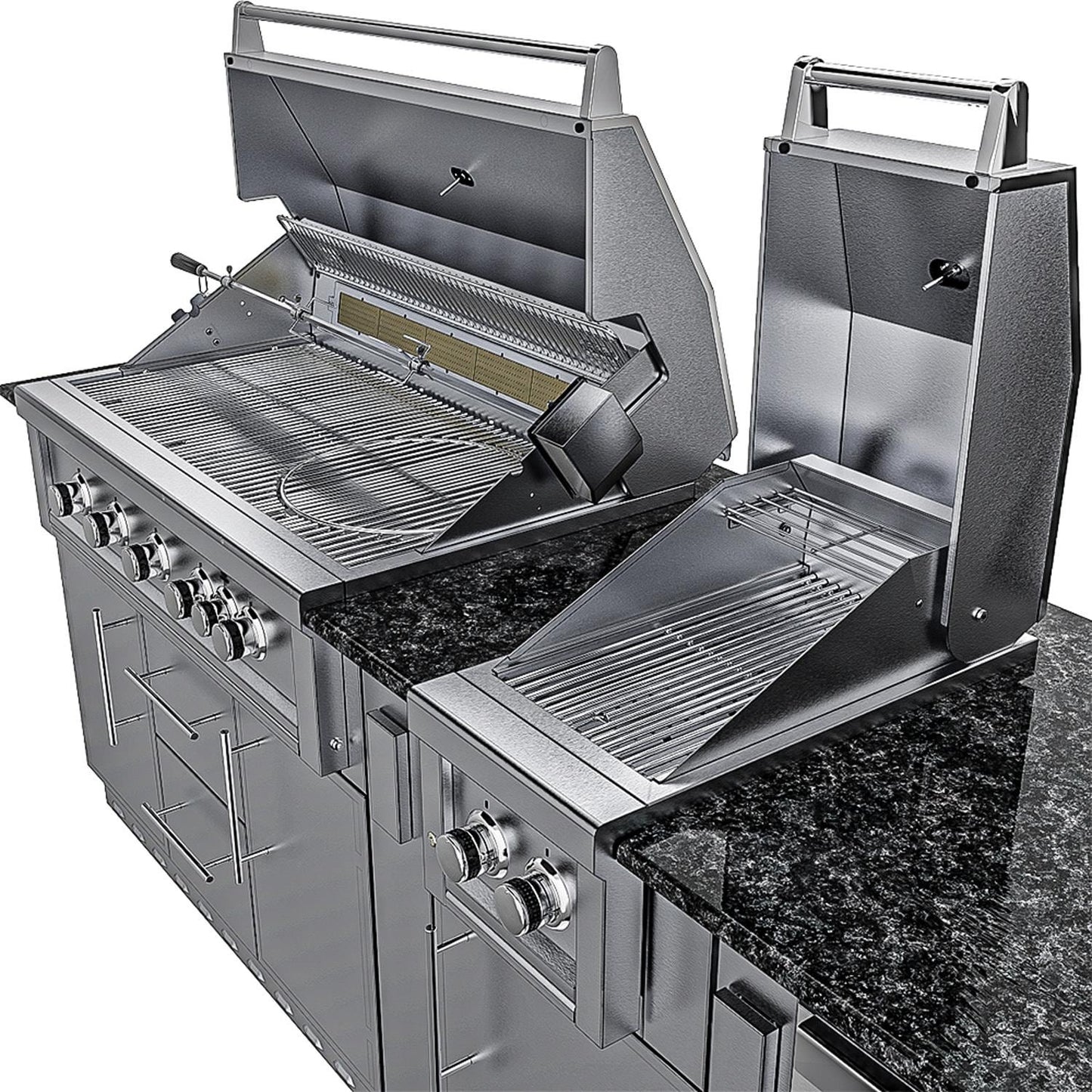 Sunstone Grills SCPGULFBREEZE10.2 Gulf Breeze 10 Ft Outdoor Kitchen Island Gas Grill & Side Burner, Sink, Refrigerator, Door & Drawer - Grill Open - White Background