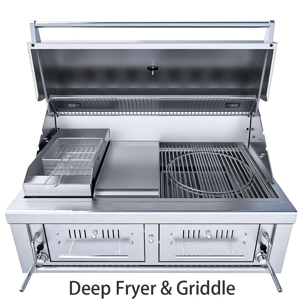 Sunstone EMCHDZ42 Series 42 Inch Hybrid Dual Zone Charcoal/Wood Burning Grill - Deep Fryer & Griddle