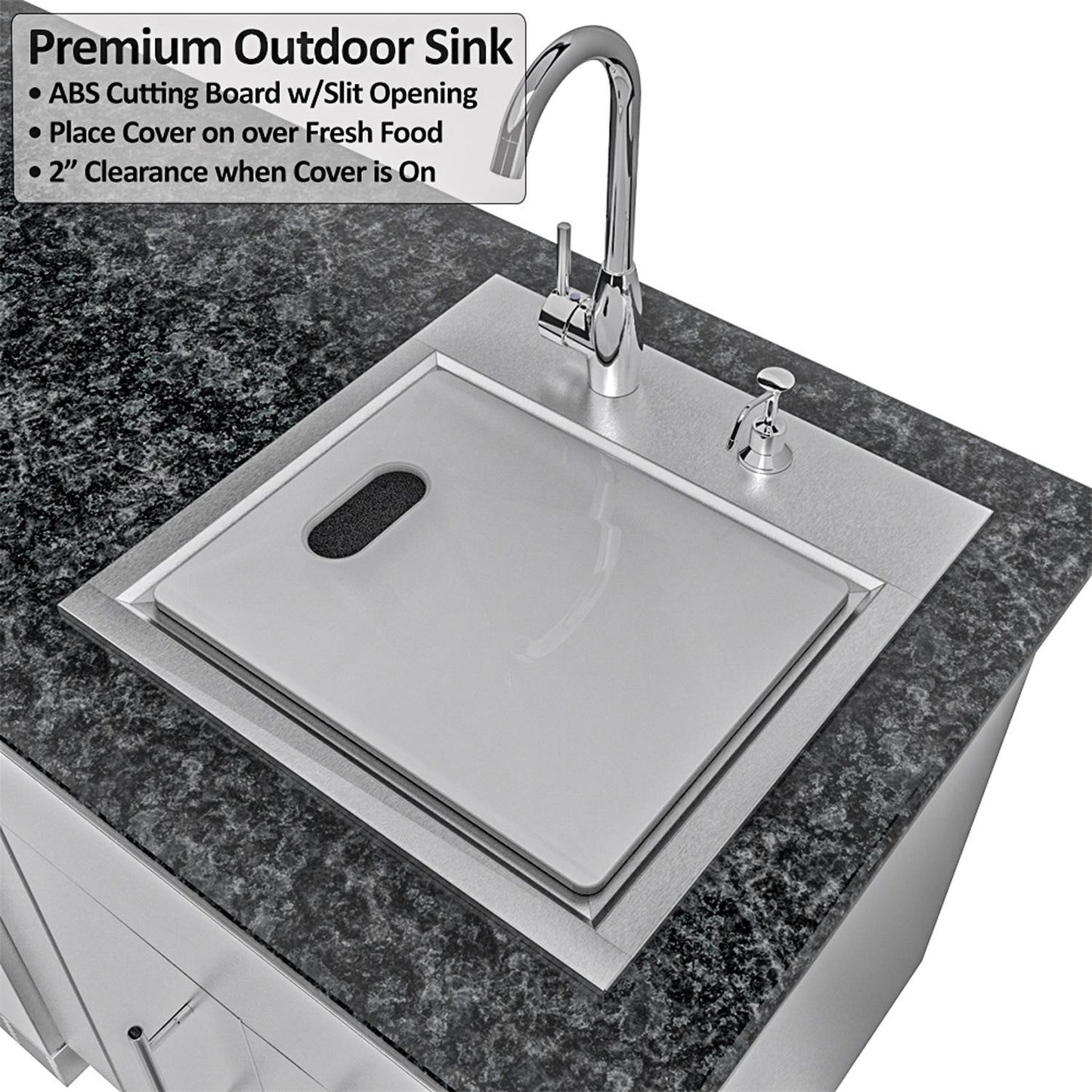 Sunstone Grills SCPGULFBREEZE10.2 Gulf Breeze 10 Ft Outdoor Kitchen Island Gas Grill & Side Burner, Sink, Refrigerator, Door & Drawer - Sink w/ Cutting Board - Detail
