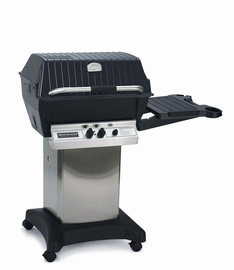 Broilmaster P3PK5 Premium P3X gas grill on stainless steel cart, lid closed, side shelf