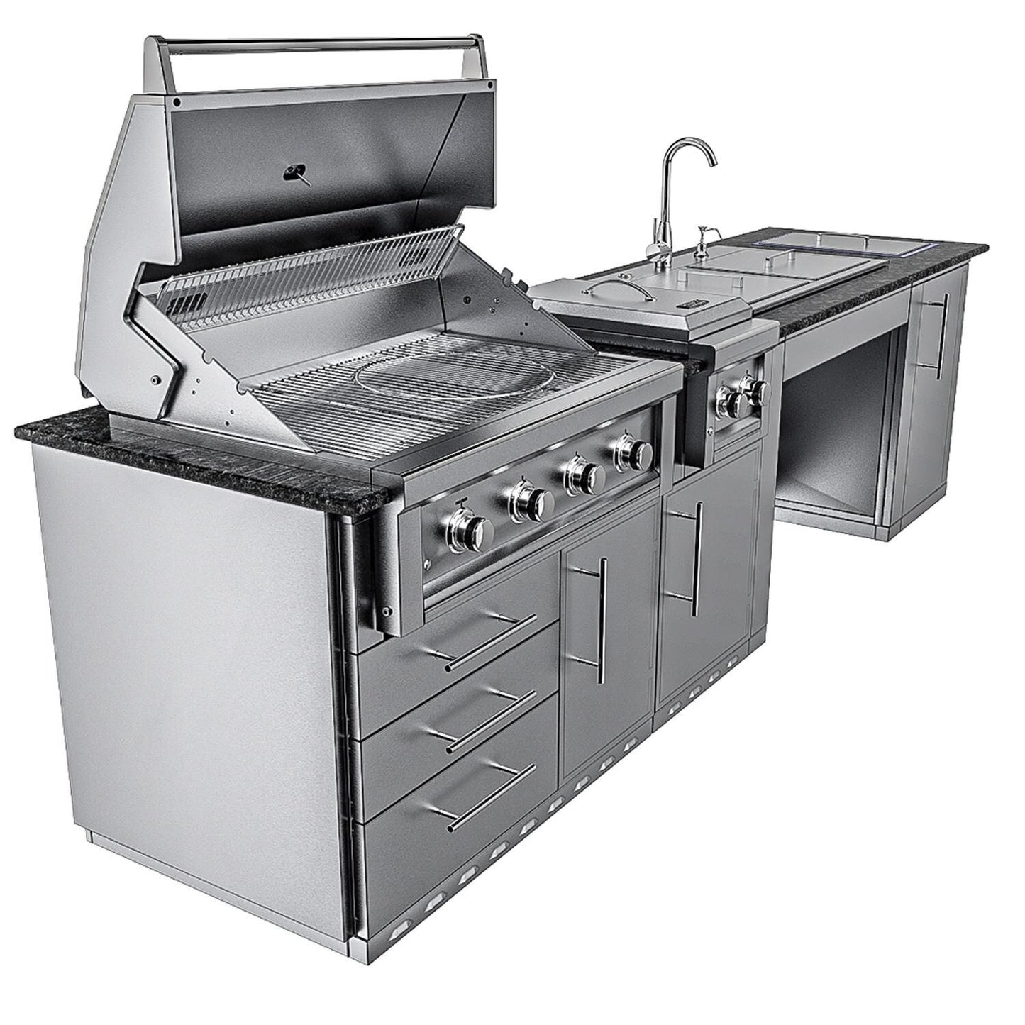 Sunstone Grills SCPSUMMIT10 Summit 10 Ft Outdoor Kitchen Island Grill & Side Burner, Sink, Door & Drawer - Left Side Grill Open - White Background