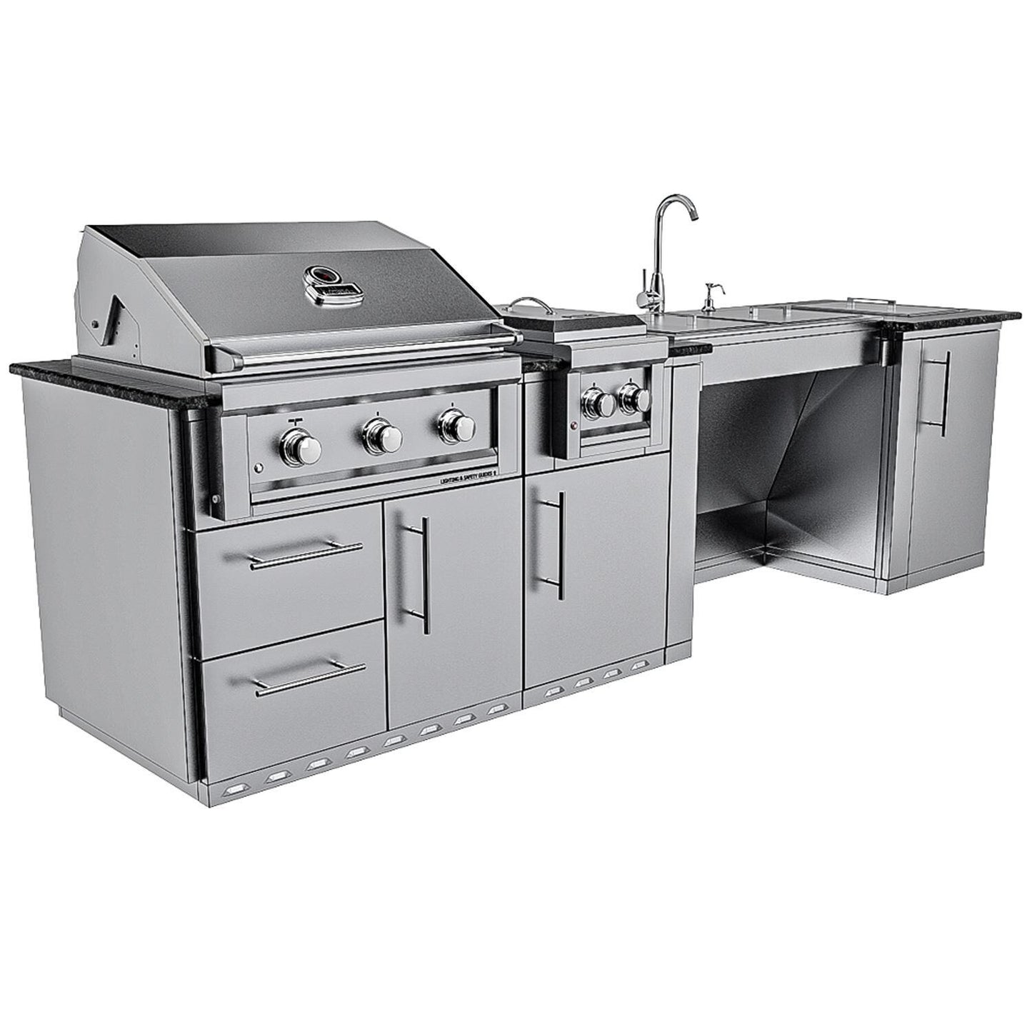 Sunstone Grills SCPSUMMIT10 Summit 10 Ft Outdoor Kitchen Island Grill & Side Burner, Sink, Door & Drawer - Left Side Grill Closed - White Background