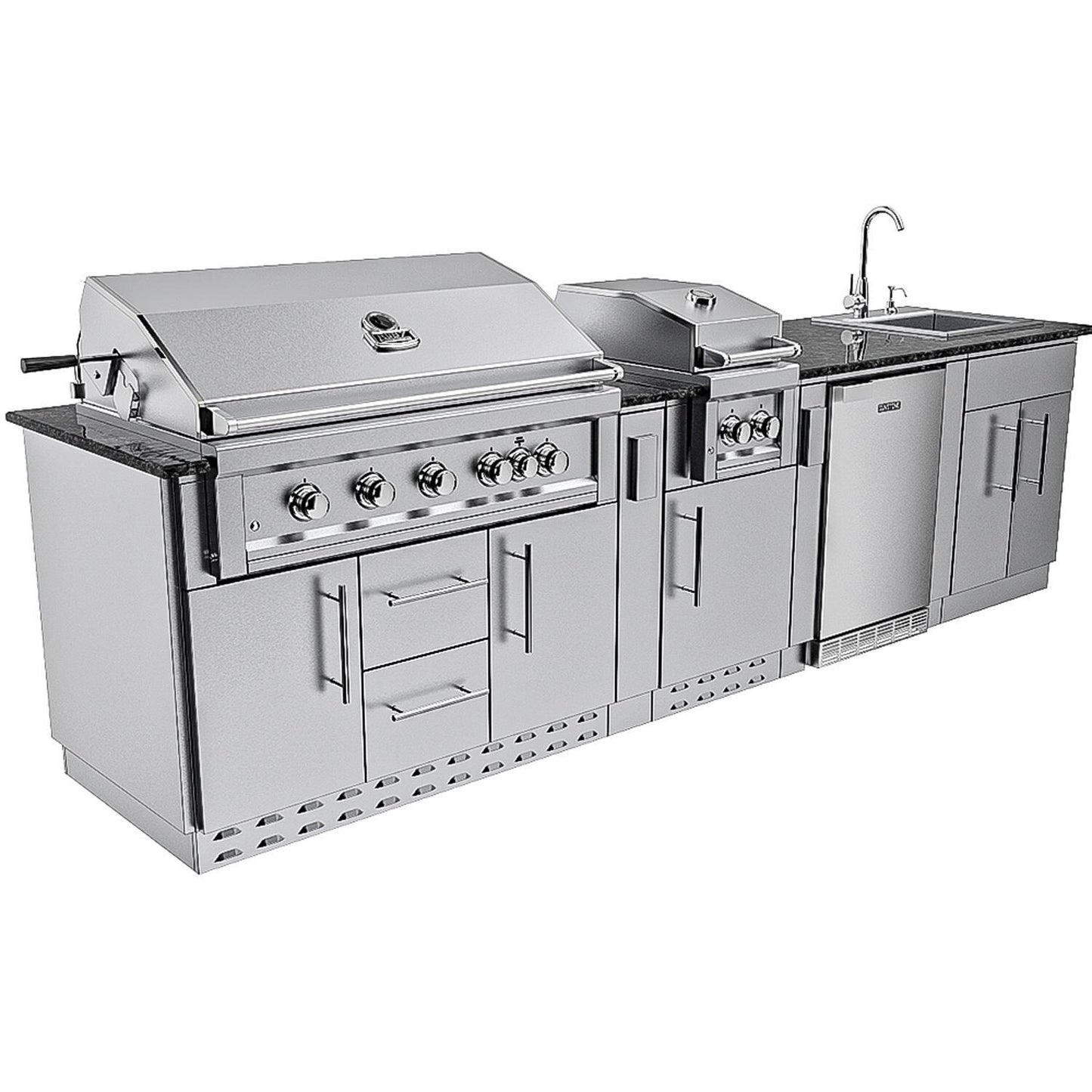 Sunstone Grills SCPGULFBREEZE10.2 Gulf Breeze 10 Ft Outdoor Kitchen Island Gas Grill & Side Burner, Sink, Refrigerator, Door & Drawer - Angled - White Background