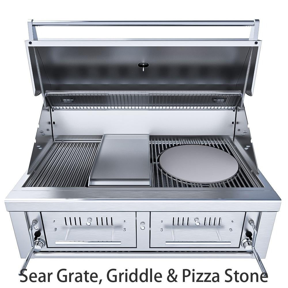 Sunstone EMCHDZ42 Series 42 Inch Hybrid Dual Zone Charcoal/Wood Burning Grill - Sear Grate, Griddle & Pizza Stone