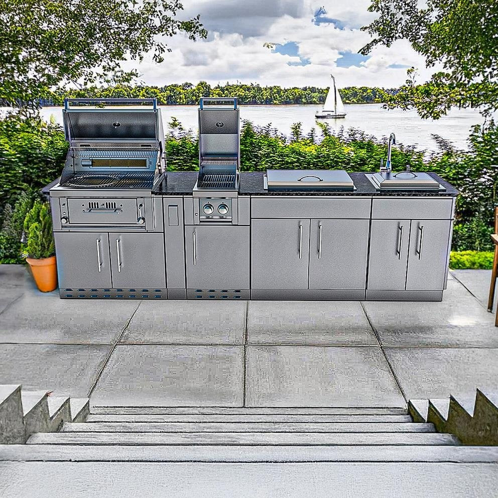 Sunstone Grills SCPALAMO10 Alamo 10 Ft Outdoor Kitchen Island w/ Grill & Side Burner, Sink, Door & Drawer - On Patio - Lifestyle
