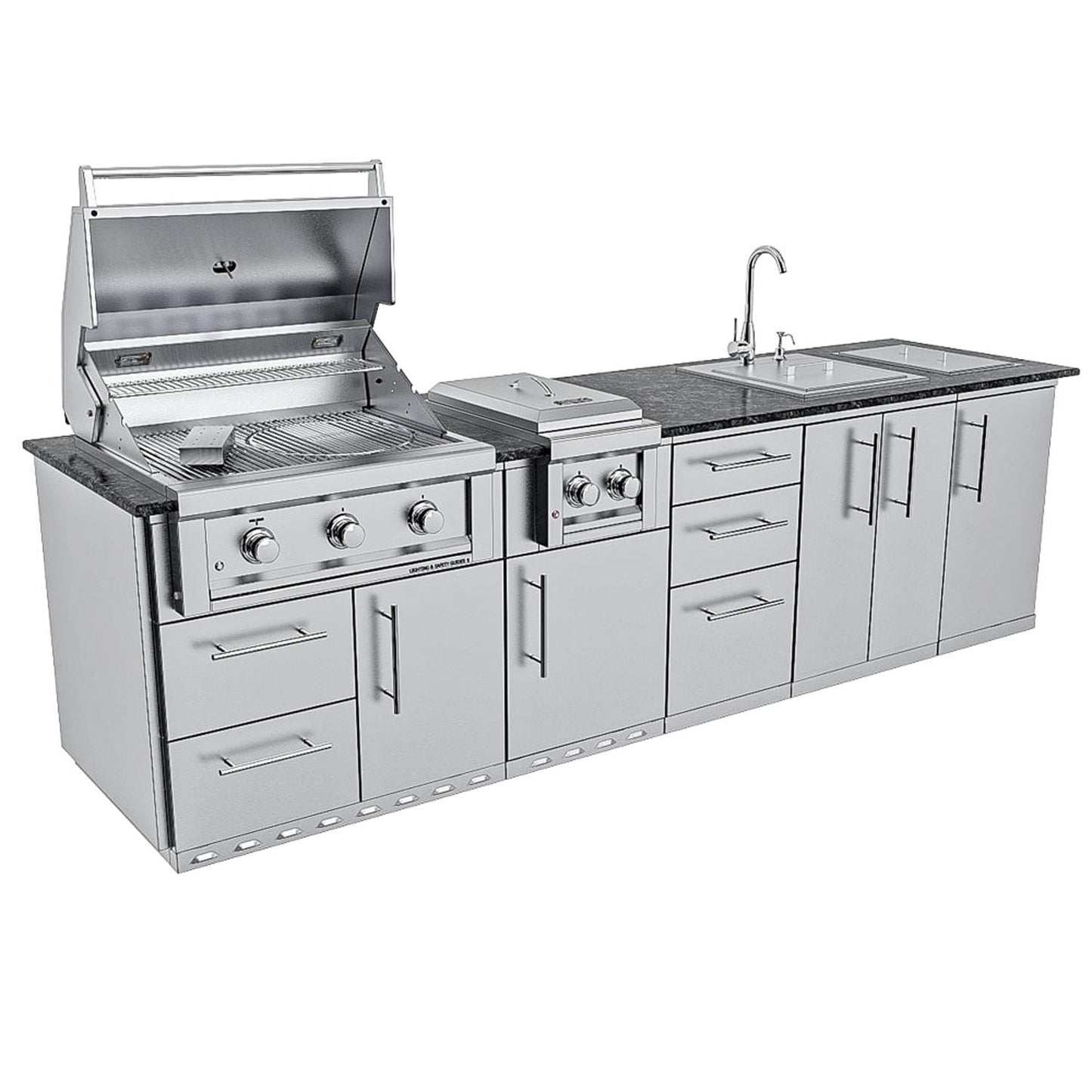 Sunstone Grills SCPMAGNOLIA10 Magnolia 10 Ft Outdoor Kitchen Island Grill & Side Burner, Sink, Door & Drawer - Angled Grill Open - White Background