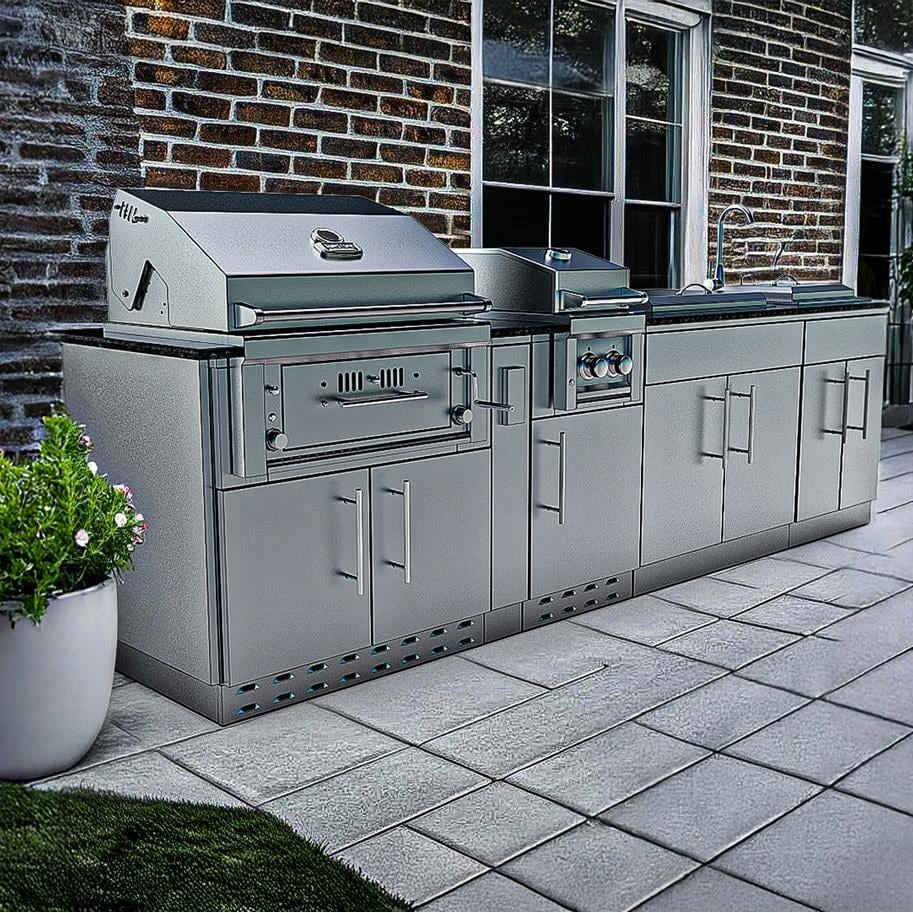 Sunstone Grills SCPALAMO10 Alamo 10 Ft Outdoor Kitchen Island w/ Grill & Side Burner, Sink, Door & Drawer - Angled On Patio - Lifestyle