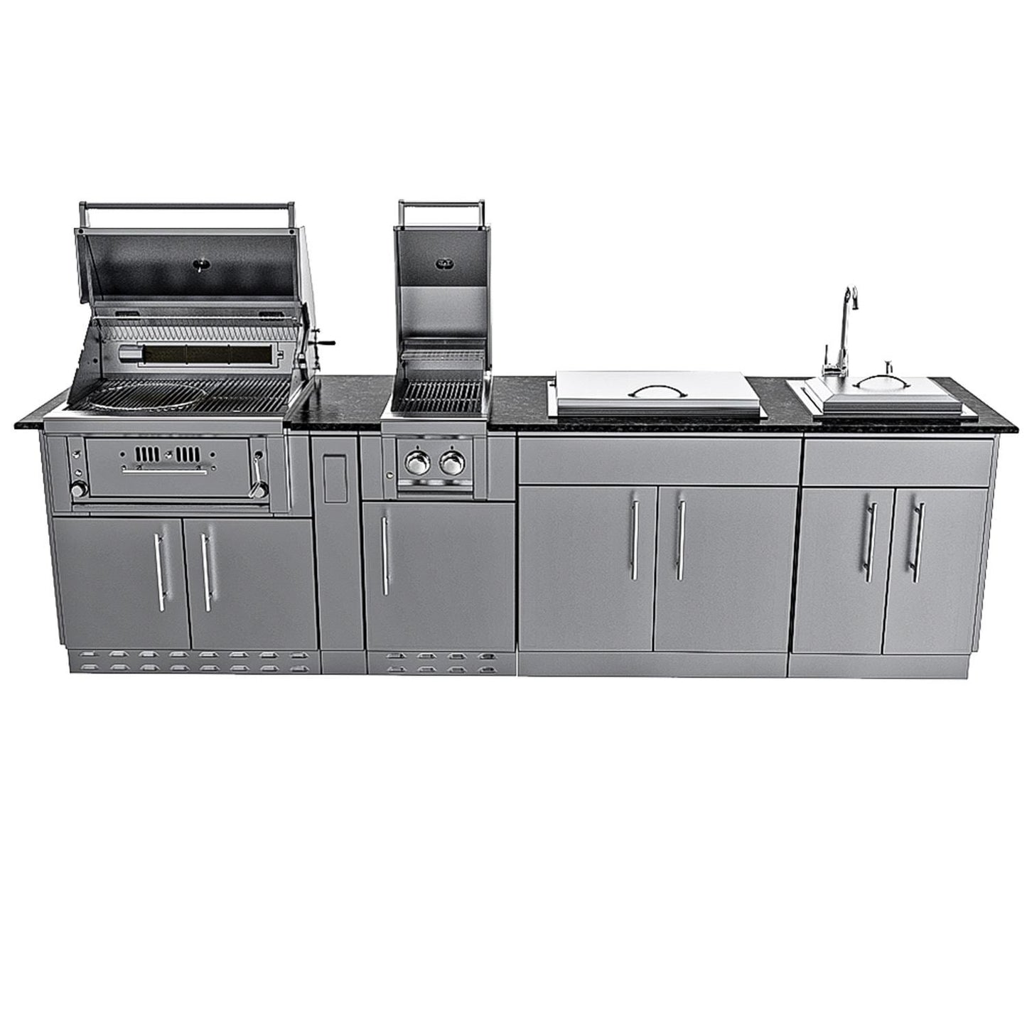 Sunstone Grills SCPALAMO10 Alamo 10 Ft Outdoor Kitchen Island w/ Grill & Side Burner, Sink, Door & Drawer - Front Open - White Background