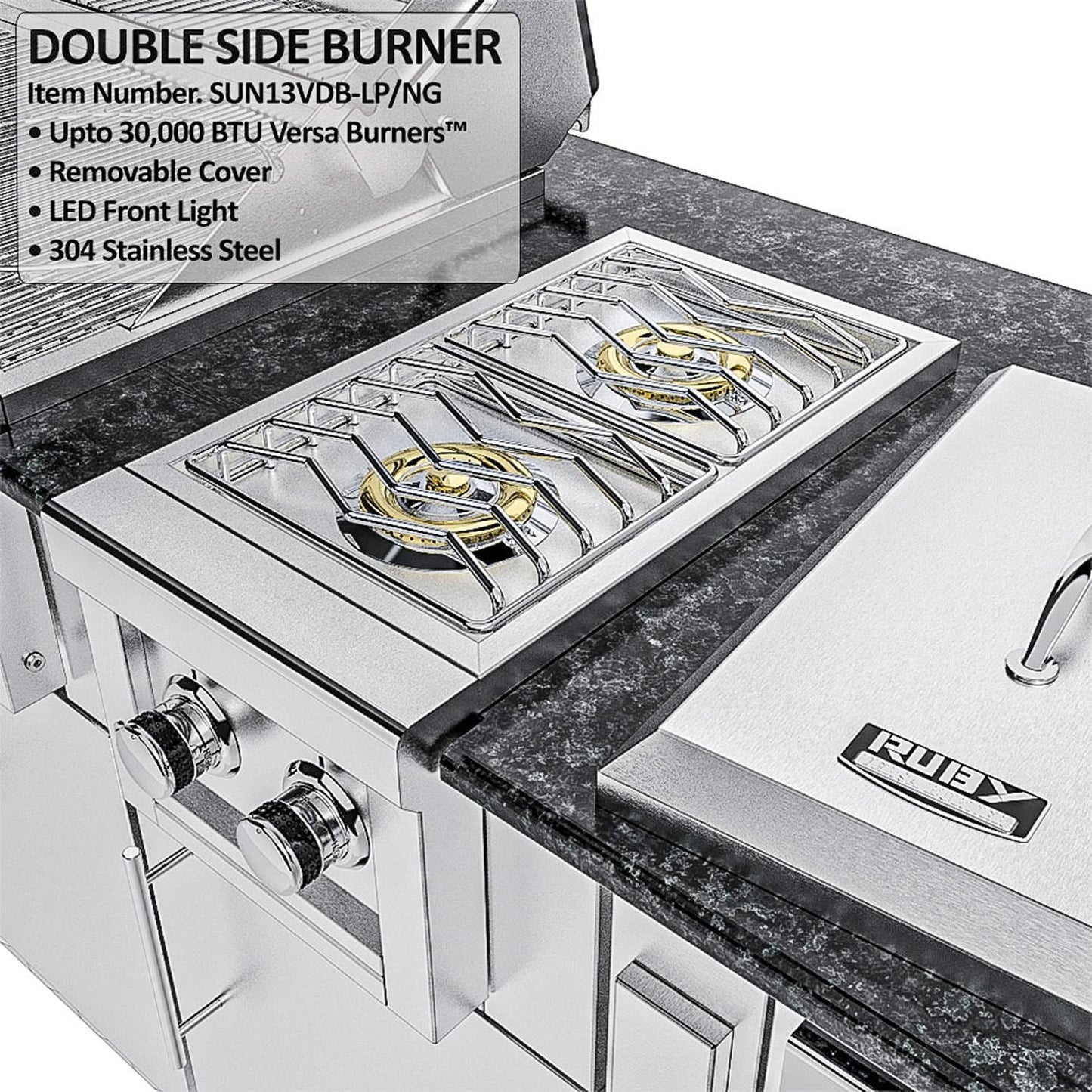 Sunstone Grills SCPMAGNOLIA10 Magnolia 10 Ft Outdoor Kitchen Island Gas Grill & Side Burner, Sink, Door & Drawer - Side Burner - Detail
