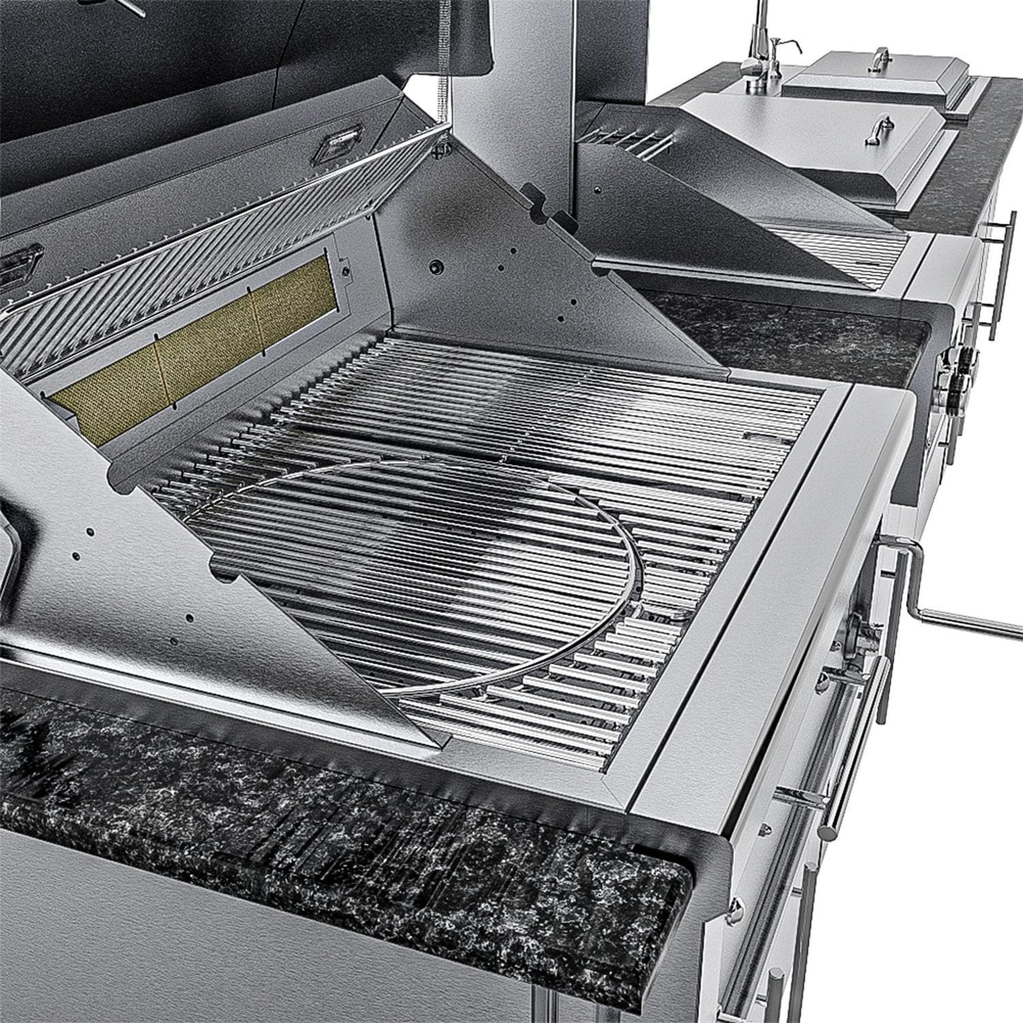 Sunstone Grills SCPALAMO10 Alamo 10 Ft Outdoor Kitchen Island w/ Gas Grill & Side Burner, Sink, Door & Drawer - Grill Open - Detail