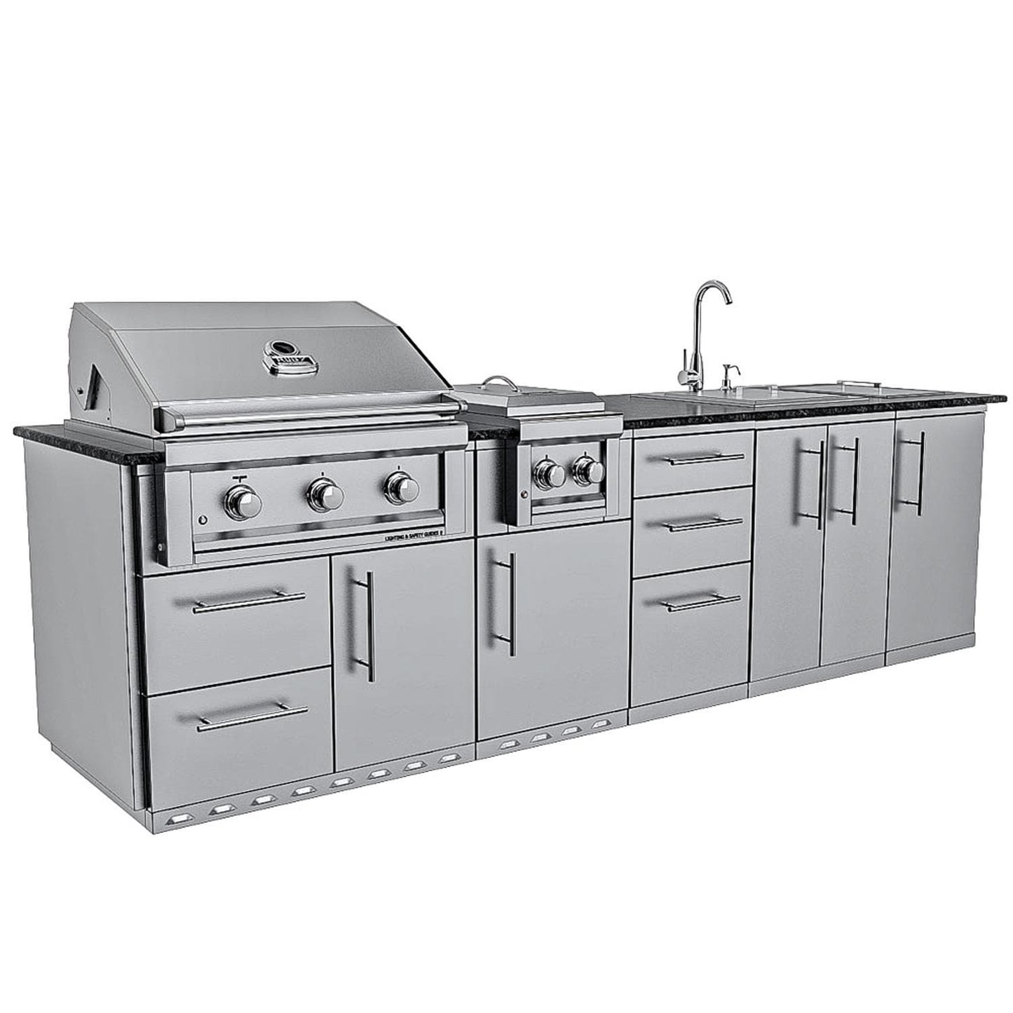 Sunstone Grills SCPMAGNOLIA10 Magnolia 10 Ft Outdoor Kitchen Island Gas Grill & Side Burner, Sink, Door & Drawer - Angled Grill Closed - White Background