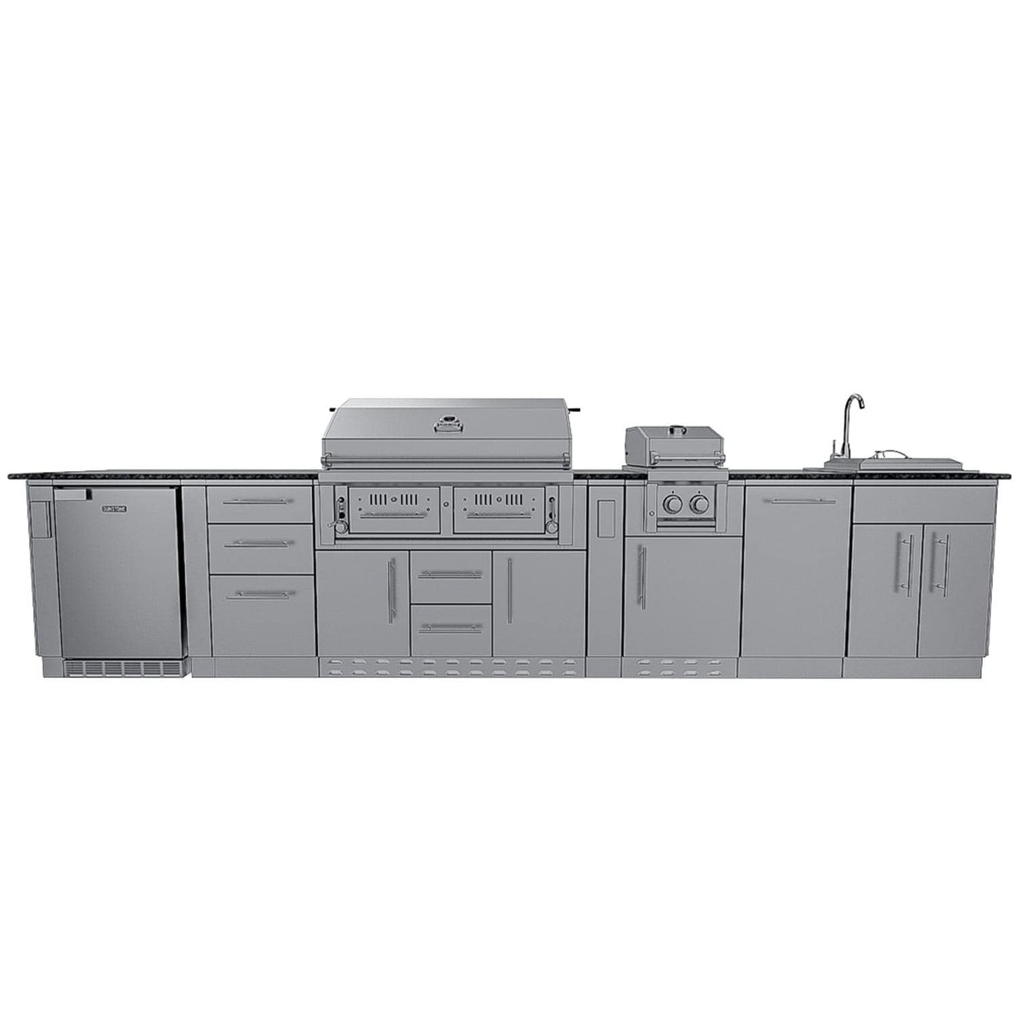 Sunstone Grills SCPDALLAS14 Dallas 14 Ft Outdoor Kitchen Island Gas Grill & Side Burner, Sink, Refrigerator, Trash Bin, Door & Drawer - Island - White Background
