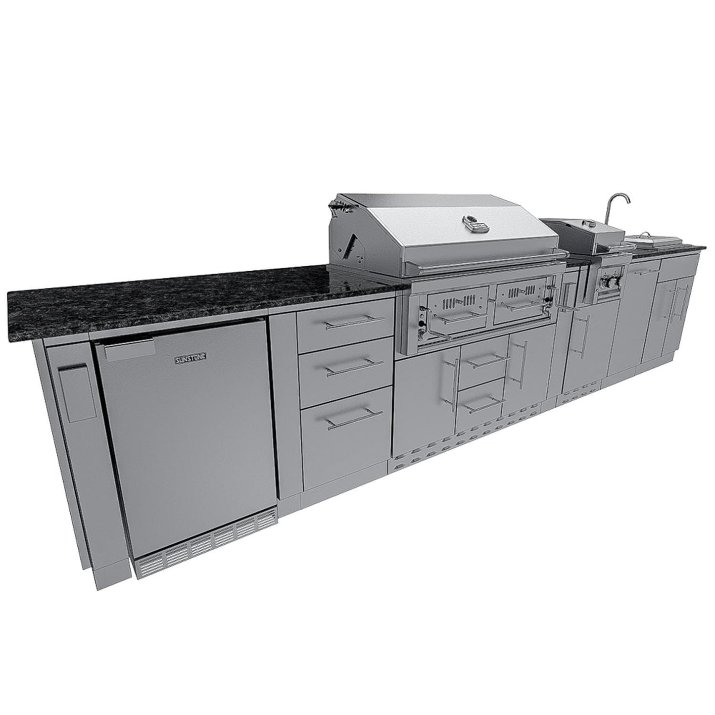 Sunstone Grills SCPDALLAS14 Dallas 14 Ft Outdoor Kitchen Island Gas Grill & Side Burner, Sink, Refrigerator, Trash Bin, Door & Drawer - Angle - White Background