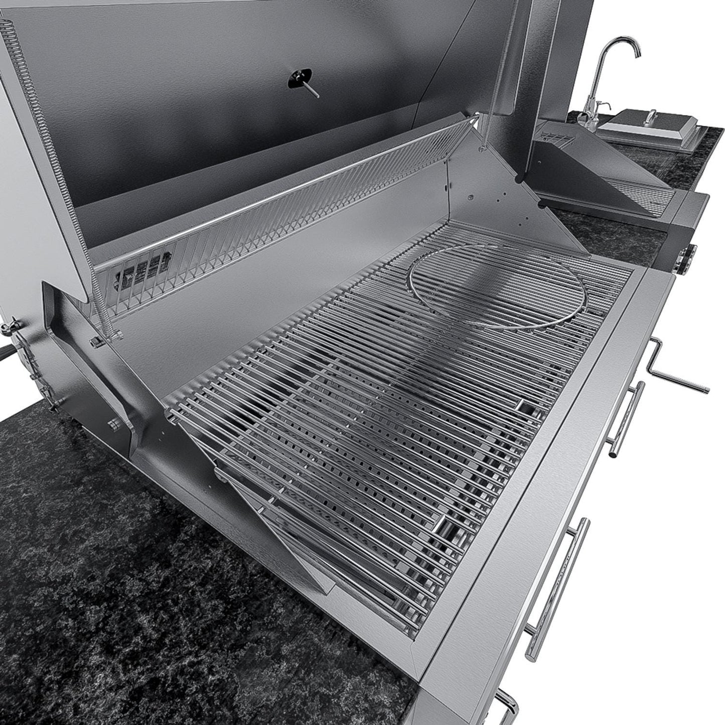Sunstone Grills SCPDALLAS14 Dallas 14 Ft Outdoor Kitchen Island Gas Grill & Side Burner, Sink, Refrigerator, Trash Bin, Door & Drawer - Grill Open - Detail